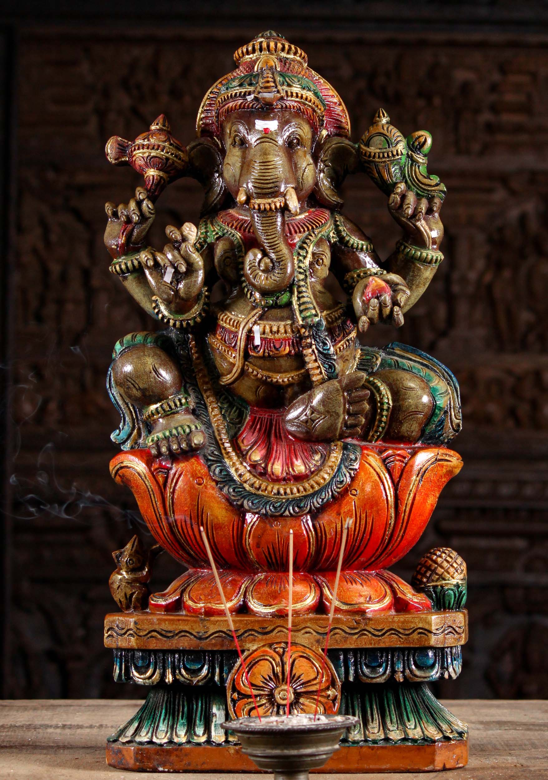 Dark Green Painted Wood Ganesha Statue 24"