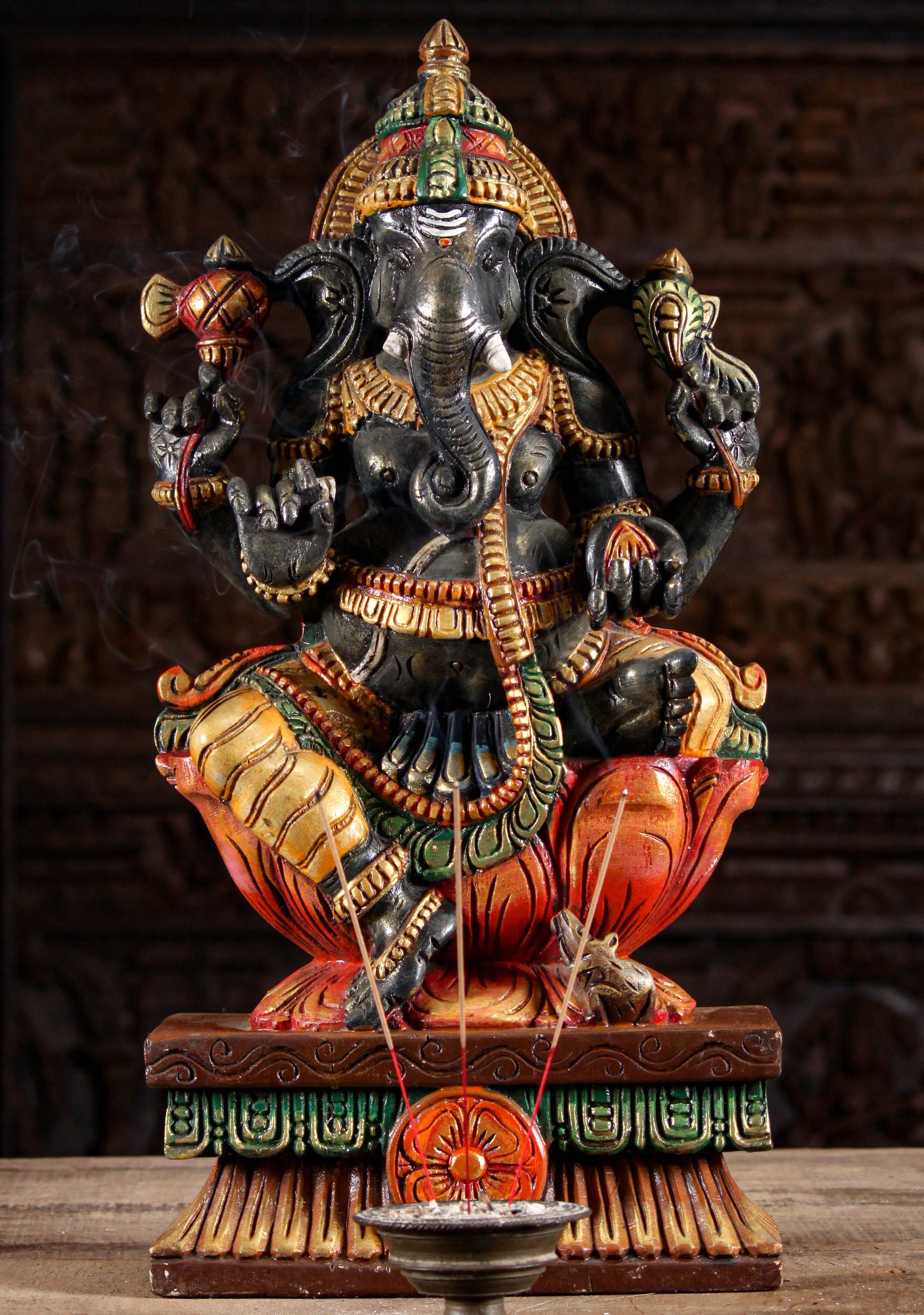 Dark Grey Painted Wooden Ganesha Statue 24"