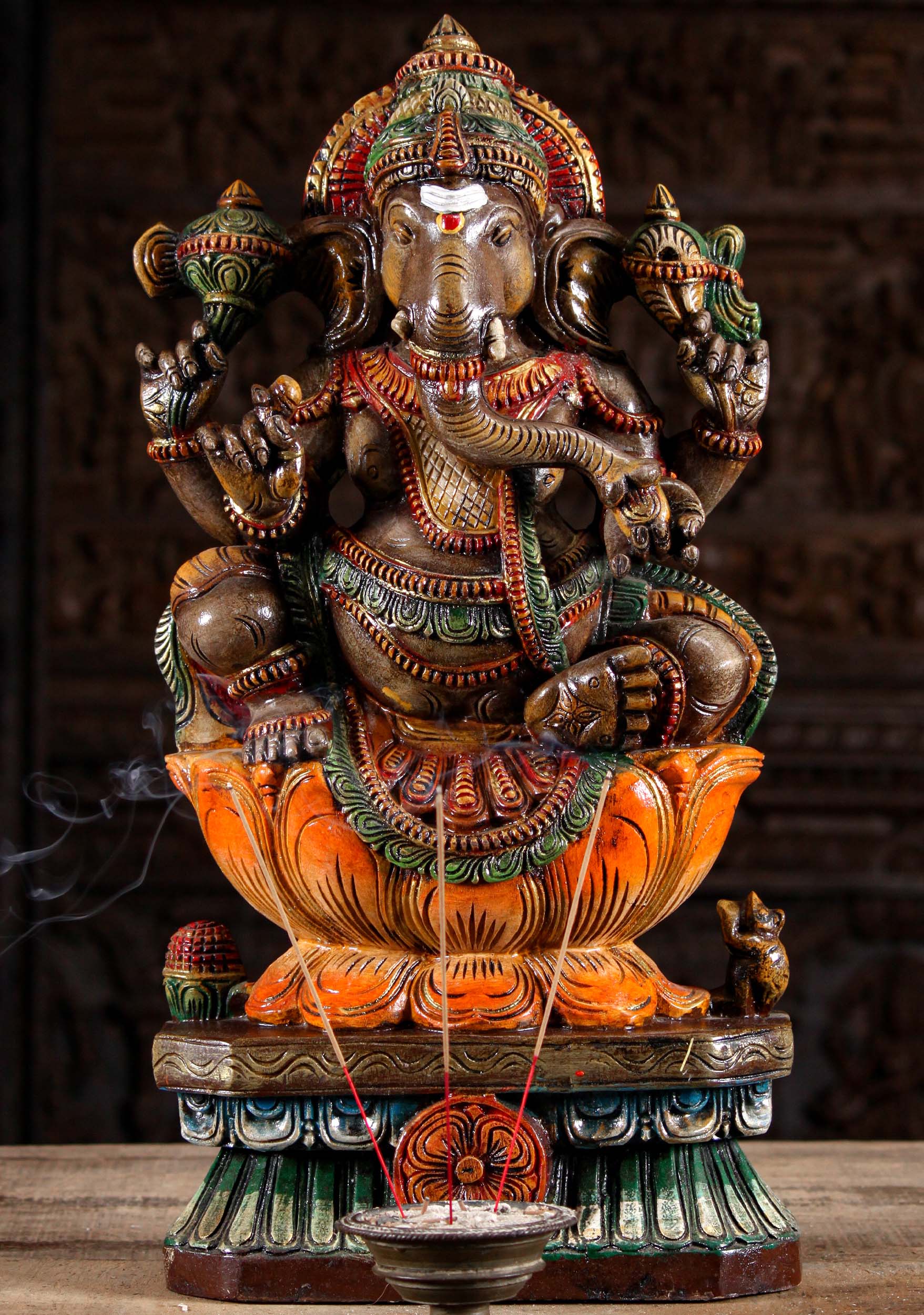 Brown Painted Wooden Ganesha Statue 24"