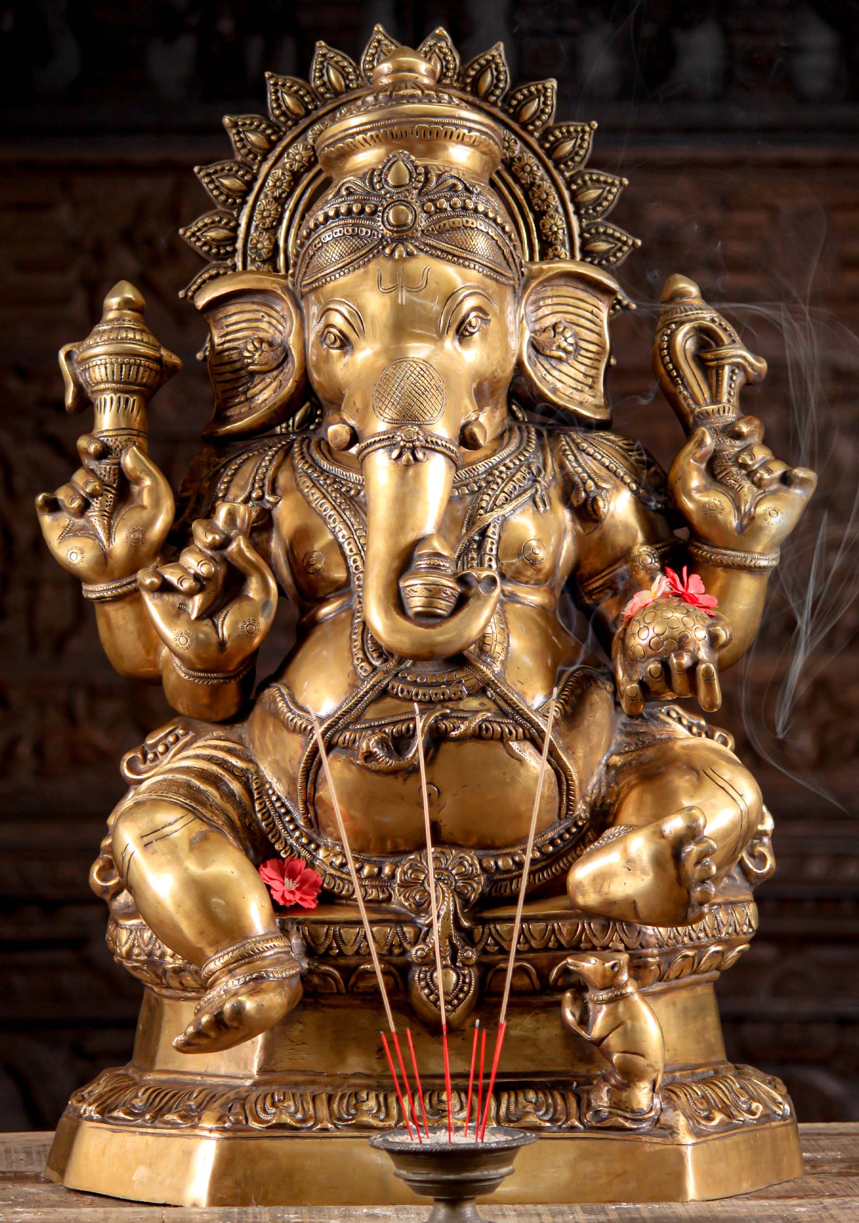 Ganesh Large Statue Seated with Broken Tusk, Noose, Vessel, & Rat Cast in Brass in India 32"