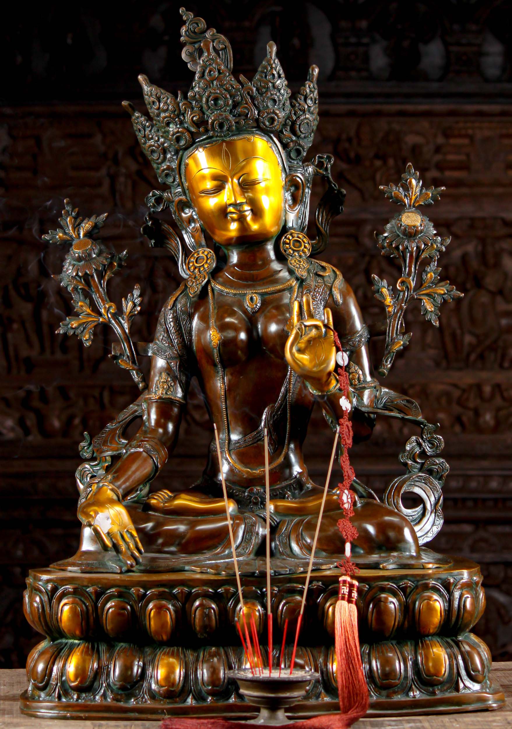 Brass Large Statue of the Bodhisattva Green Tara Seated on Lotus Base in the Full Lotus Pos