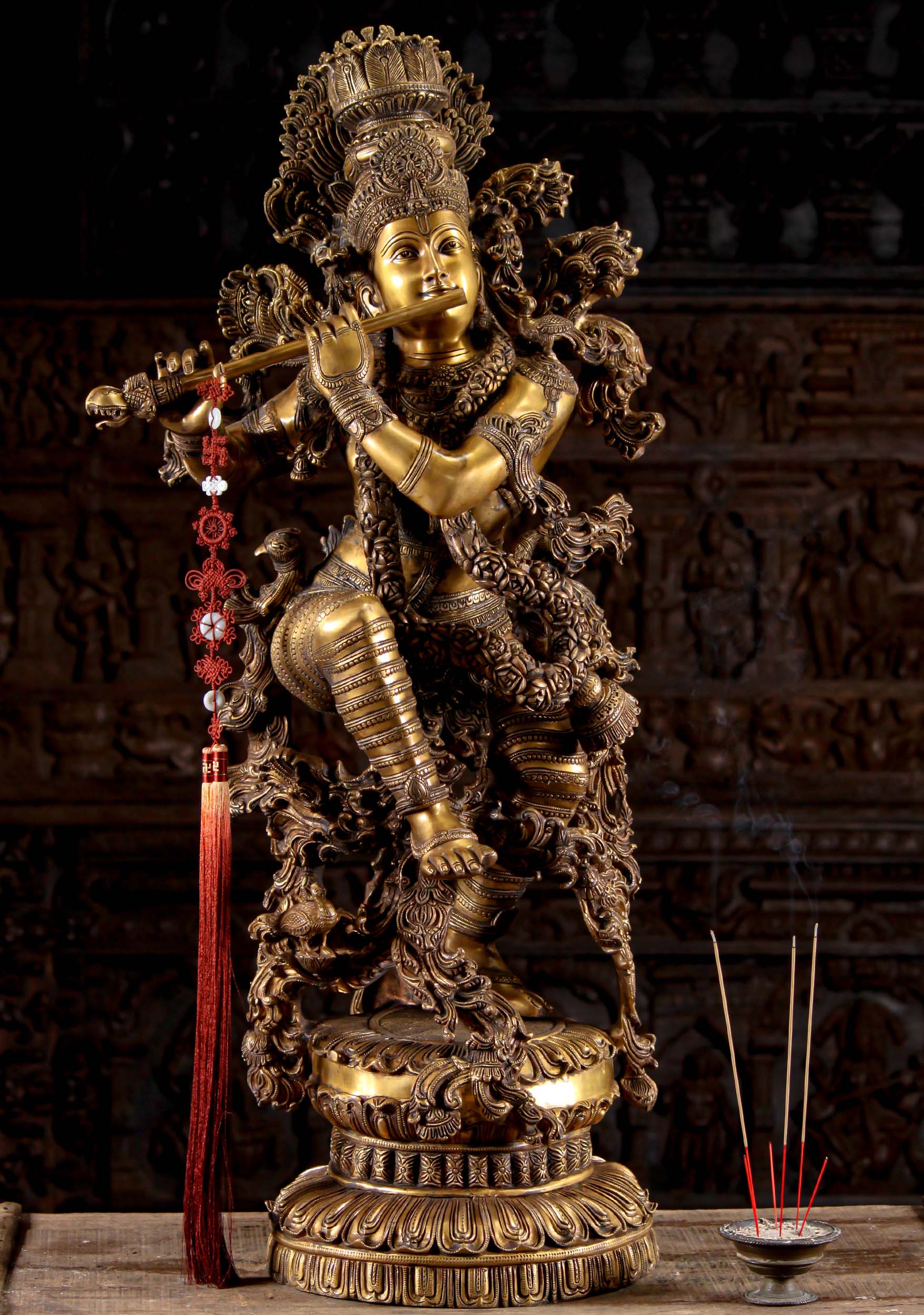 Brass Elaborate Gopal Krishna Statue Dancing Ecstatically while Playing