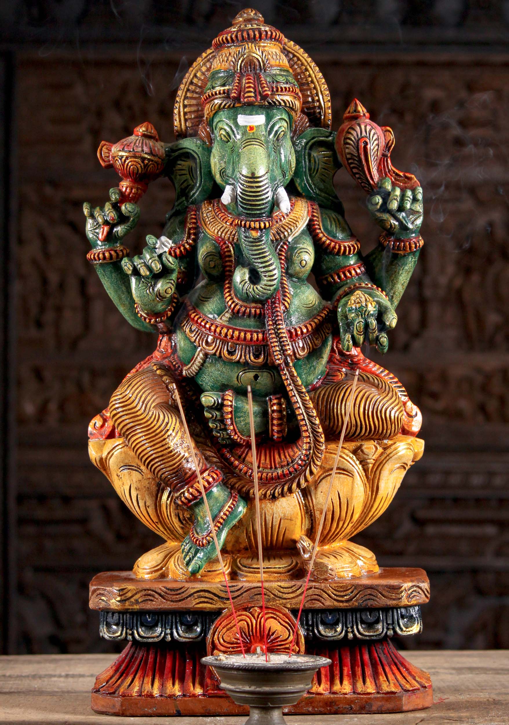 Wooden Painted Green Ganesha Statue 24"