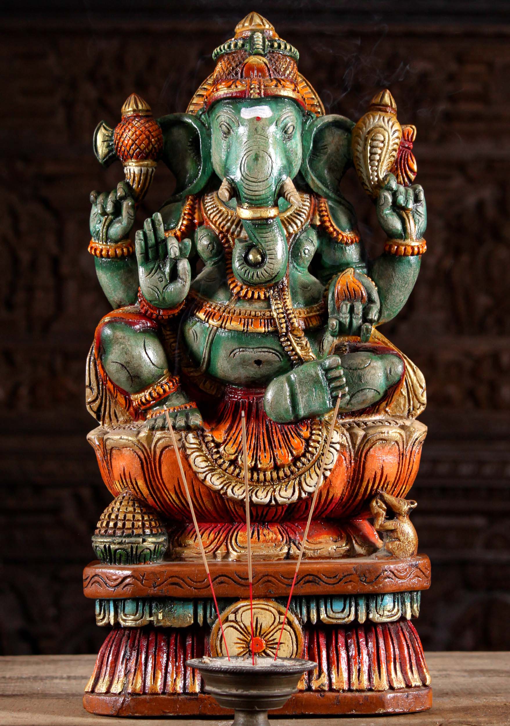 Painted Wood Ganesh Sculpture 24"