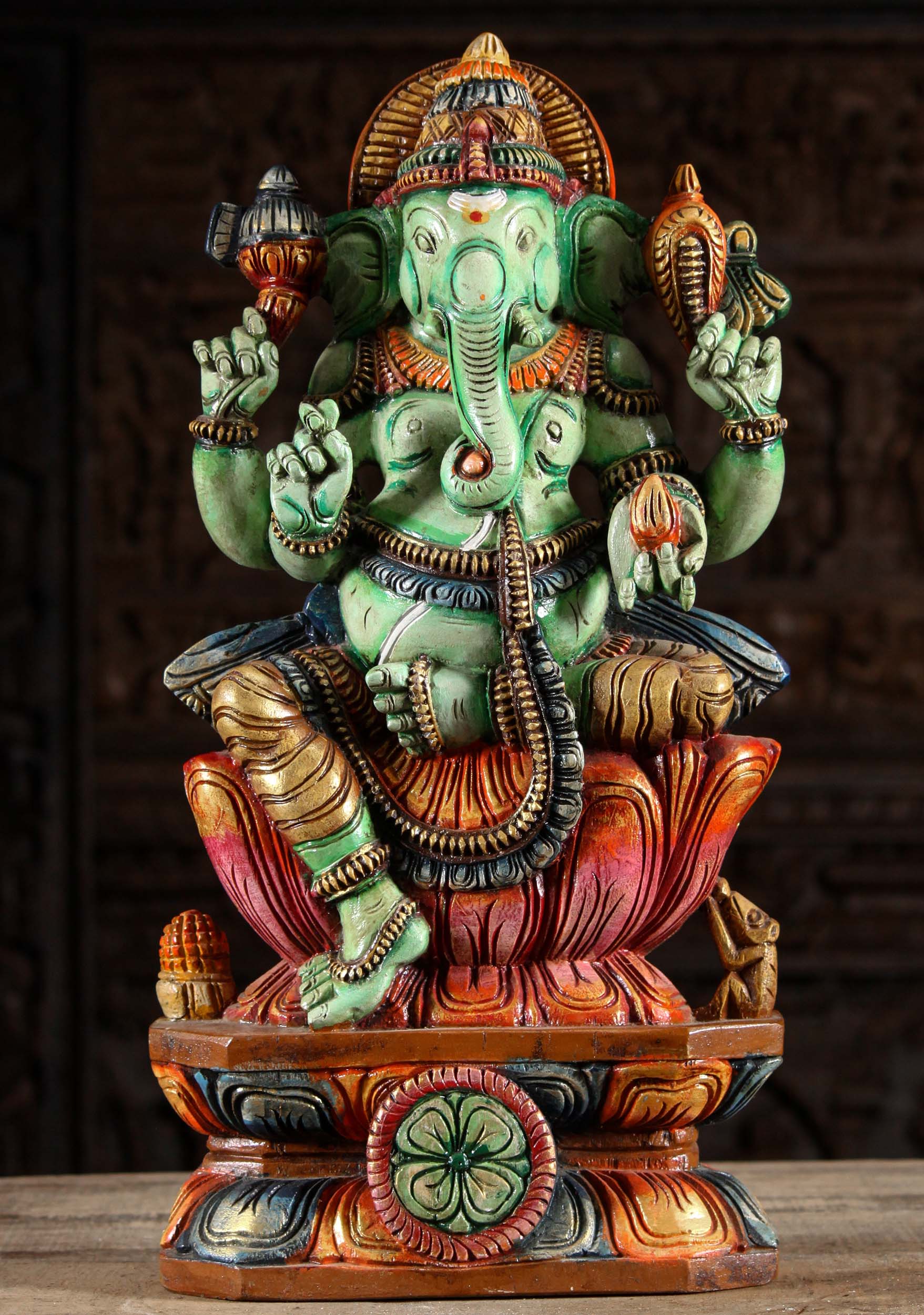 Green Neem Wood Painted Ganesha Statue Seated on Lotus Base with Broken Tusk 24"