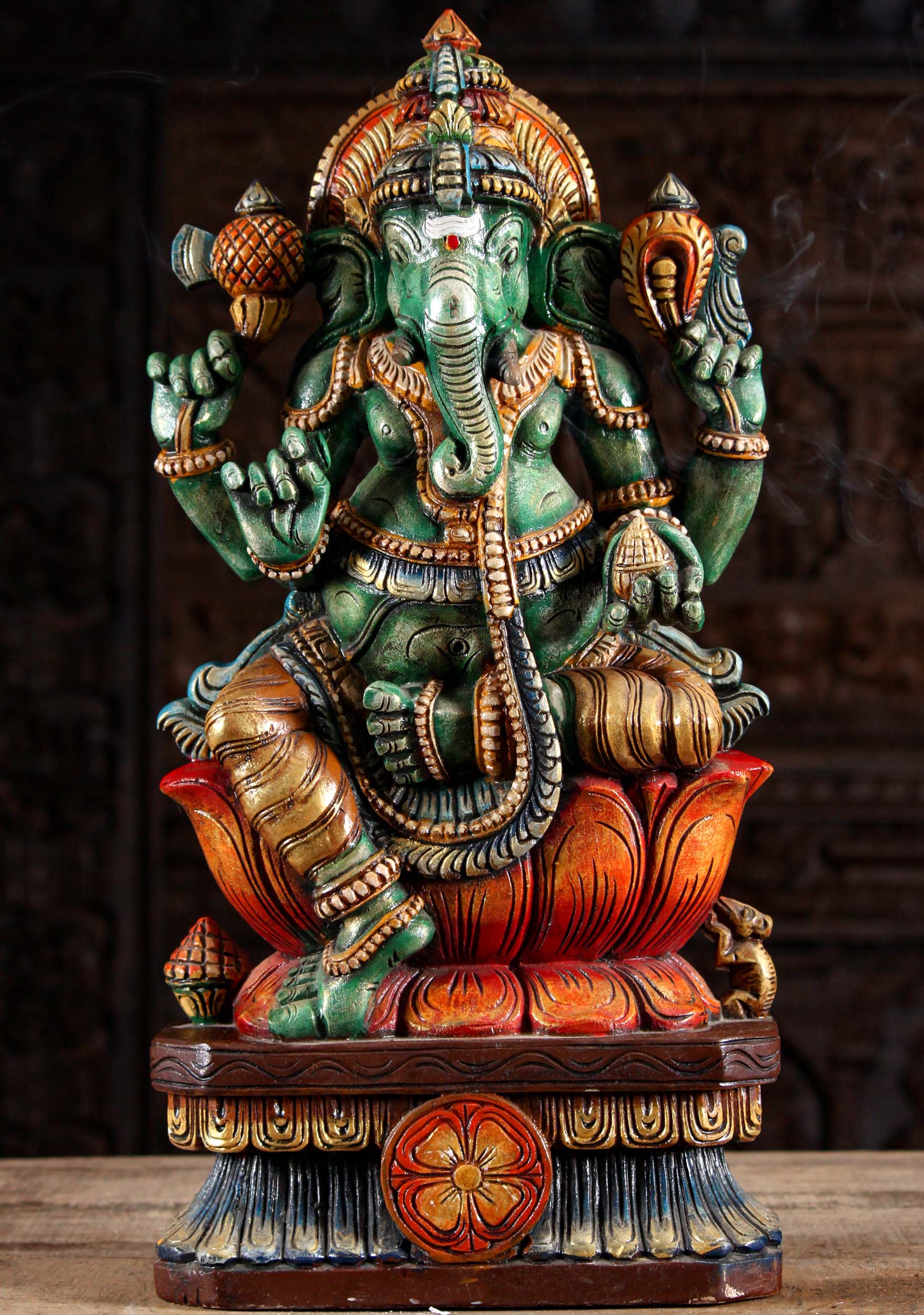 Wood Ganesh Statue Seated on Lotus Base 24"