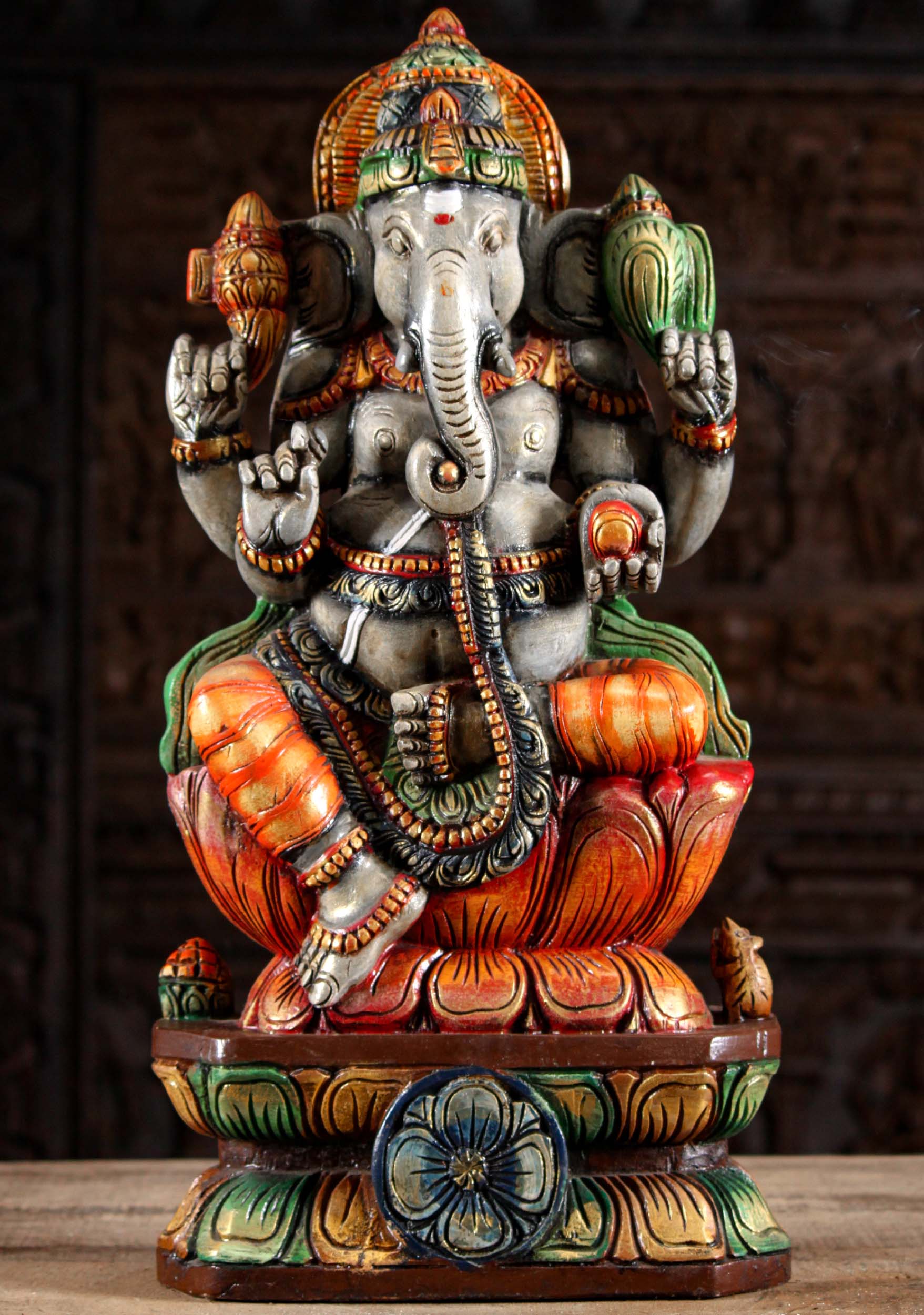 Grey Painted Wooden Ganesh Sculpture 24"