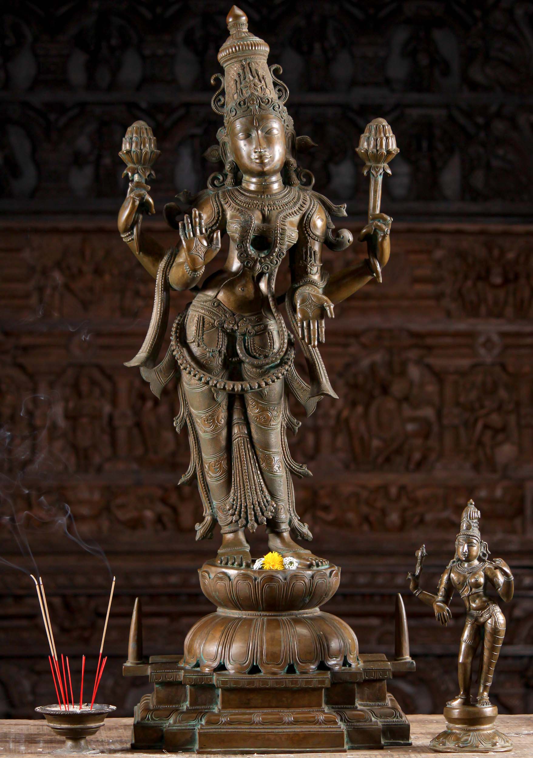 Bronze Lakshmi Murti Holding Lotus Flowers 40"