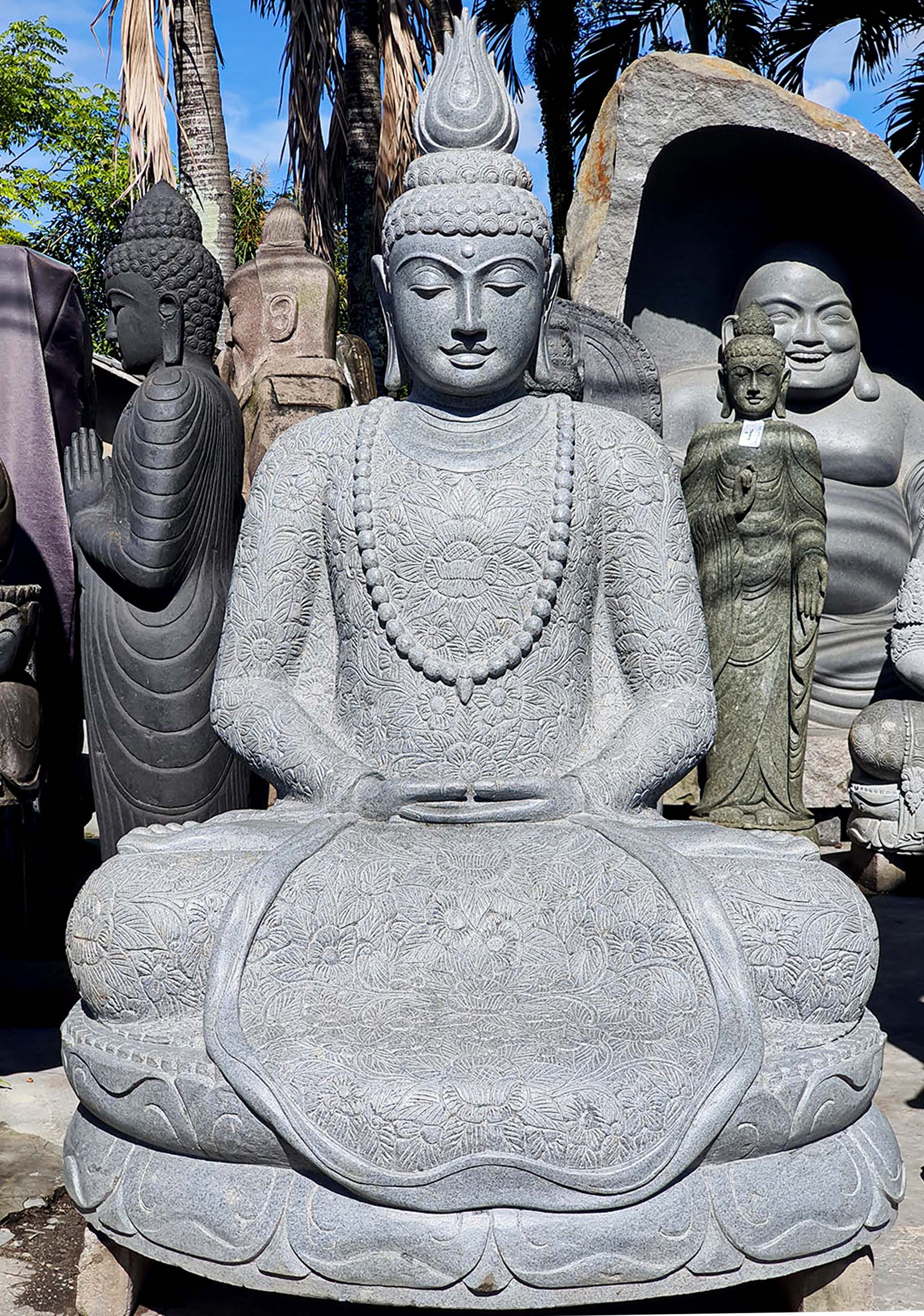 Stone Meditating Buddha with Brocade Robes 60"