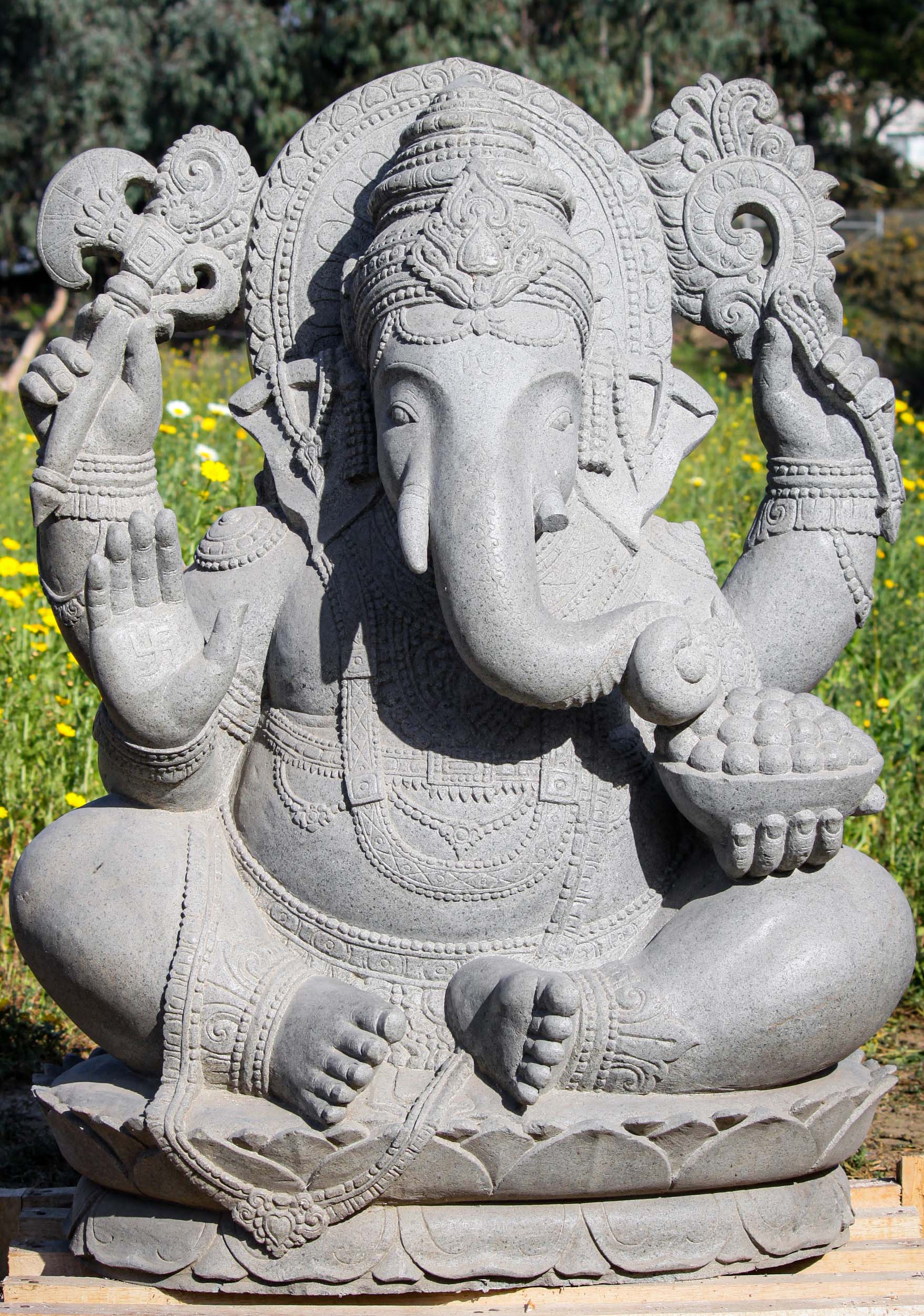 Stone Ganesh Statue Holding Bowl of Laddus 45"