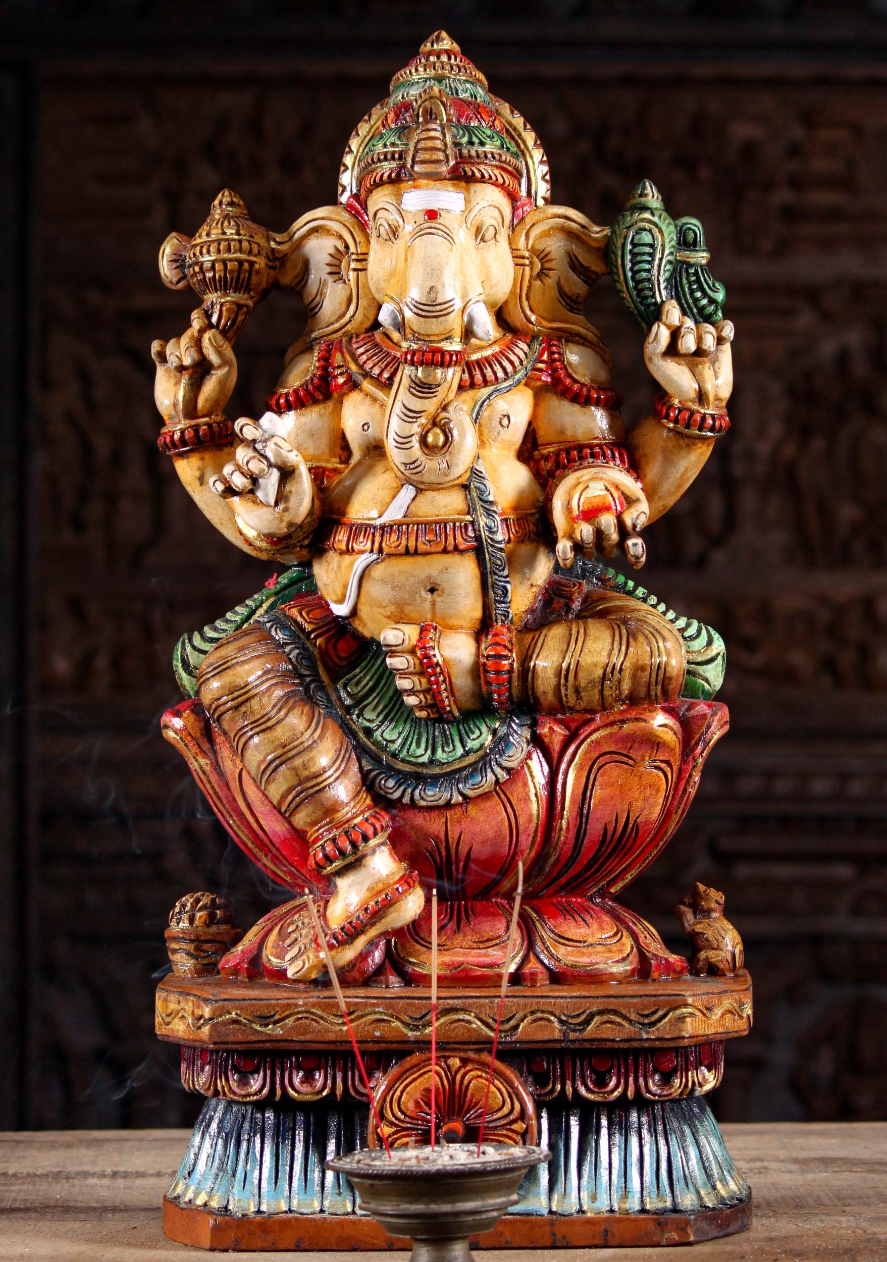 Wooden Ganesha Statue Seated on Lotus Base 24"