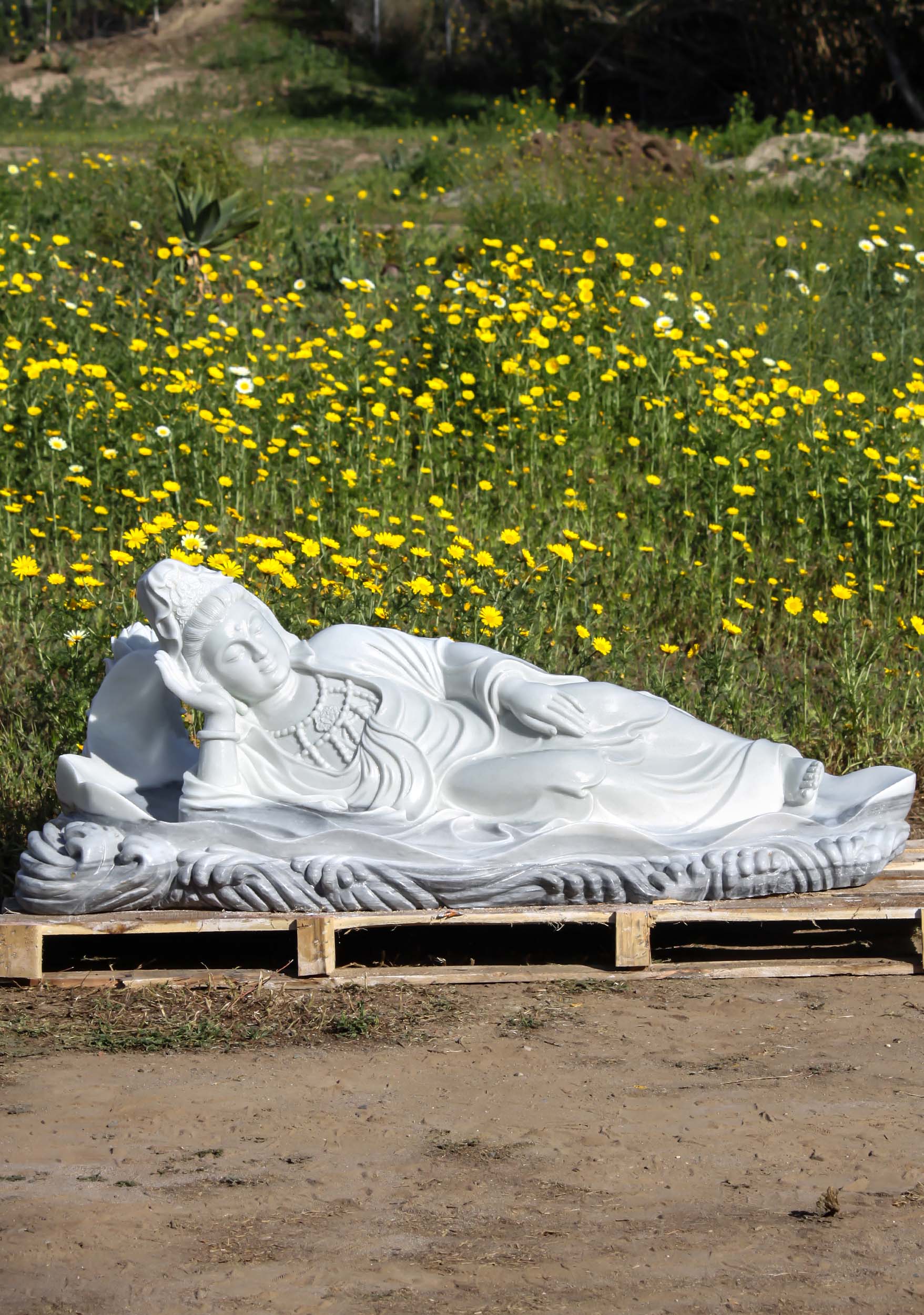 Stunning Kwan Yin Statue Resting on the Waves of the Ocean Hand Carved from White Marble 65