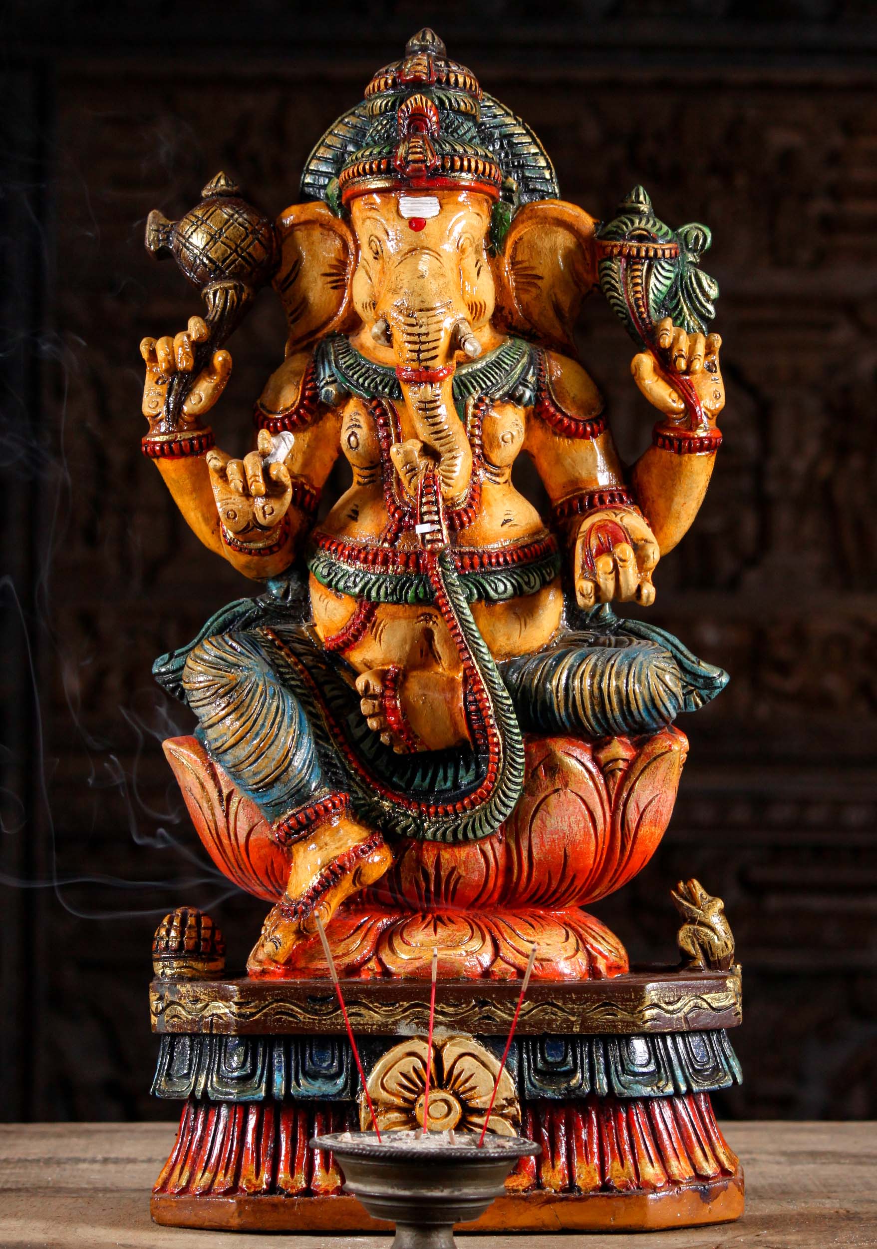 Painted Wood Ganesh Statue with Mango 24"