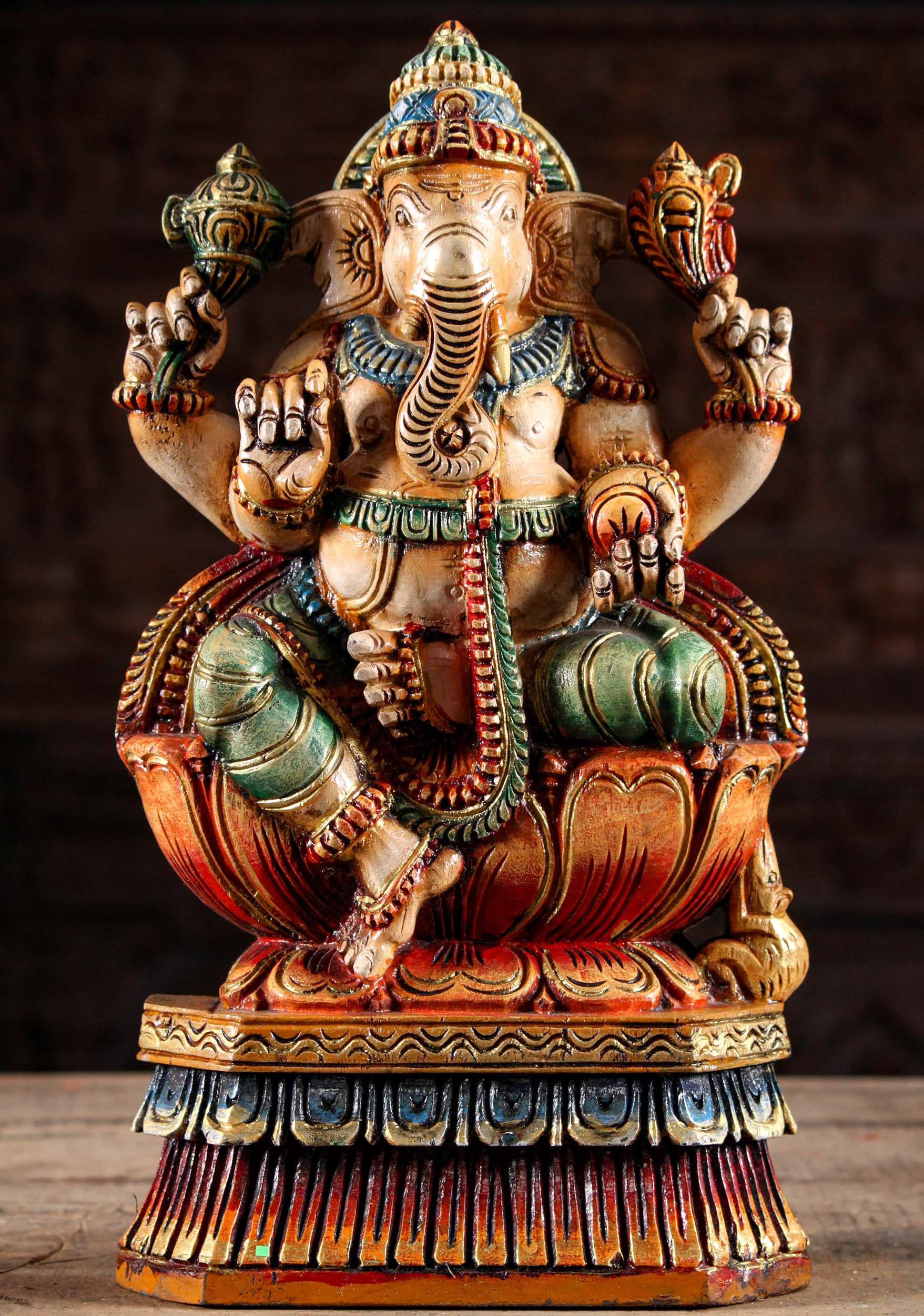 Wood Painted Ganesha Statue on Lotus 18"