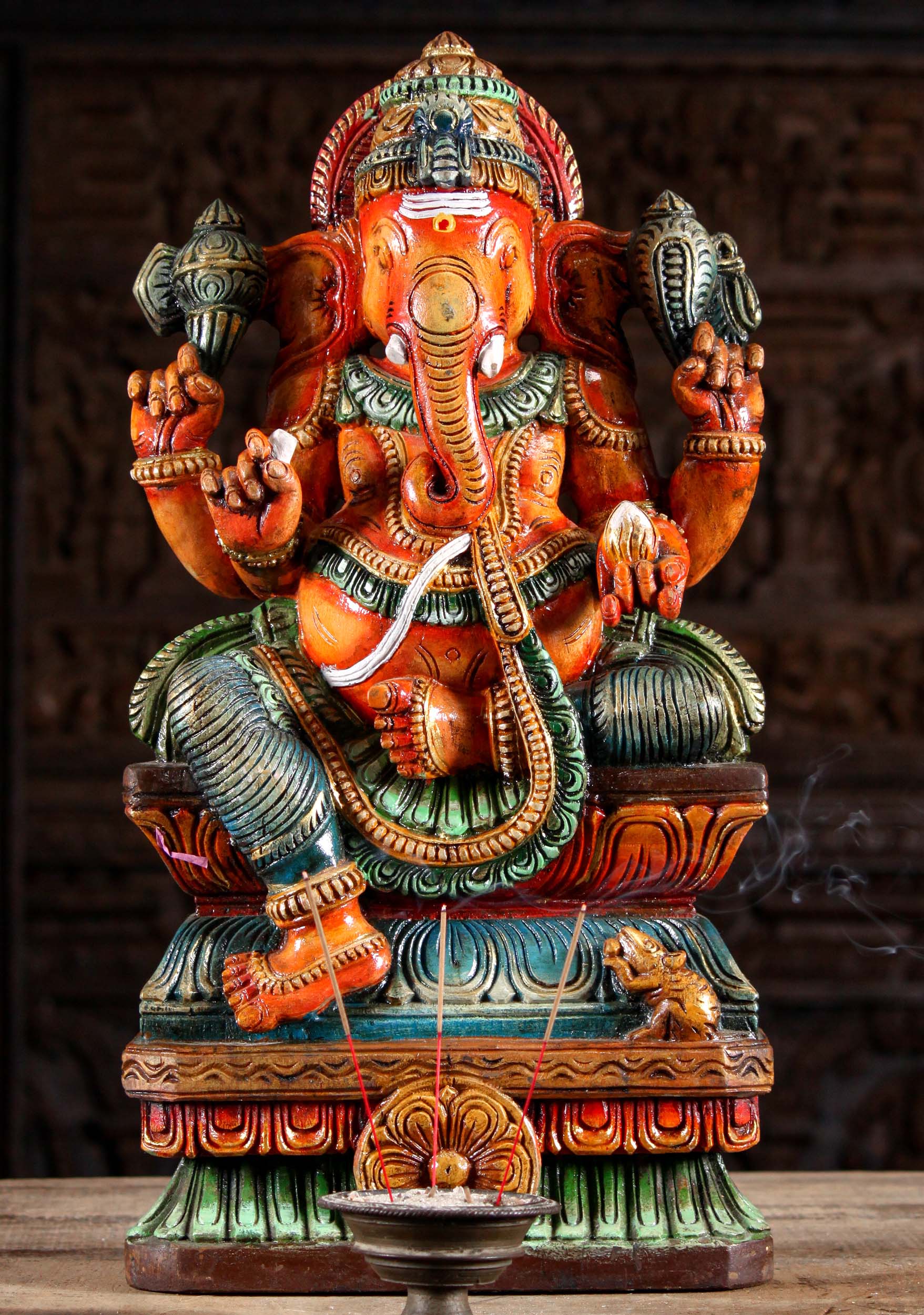 Orange Painted Wood Ganesh Statue with Rat 24"