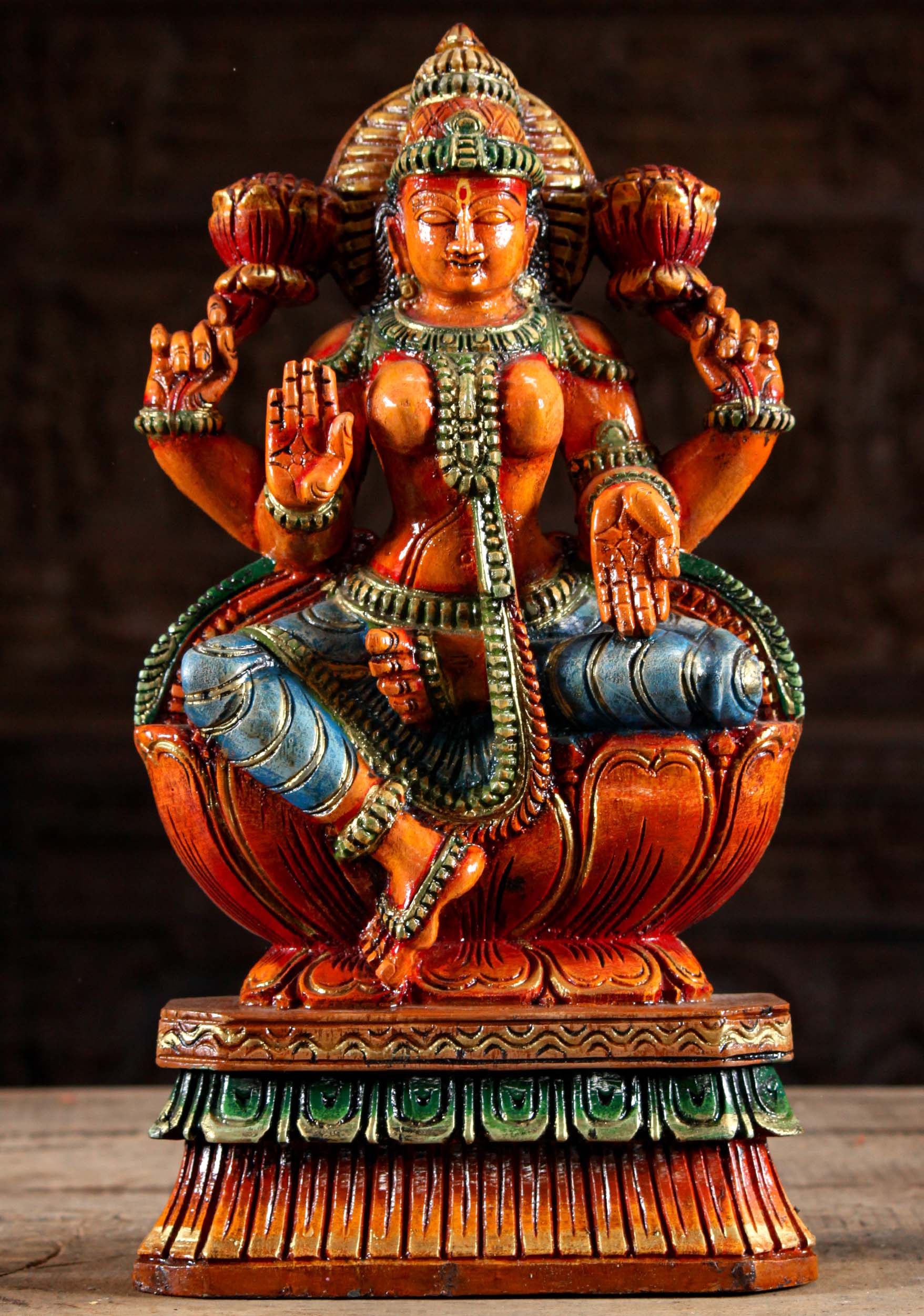 Wood Seated Lotus Flower Lakshmi Statue 18"