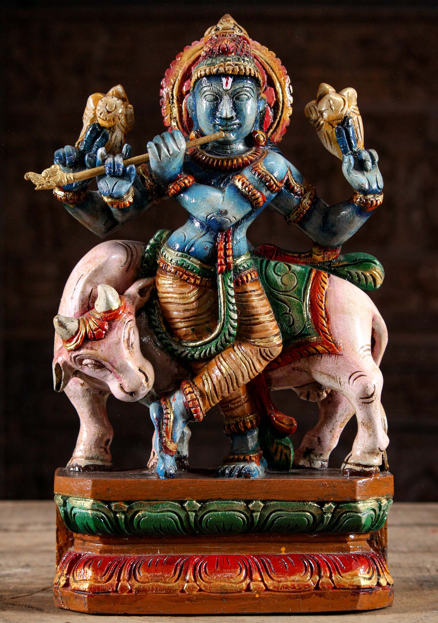 Wood Blue Krishna with Cow Licking His Foot 18"