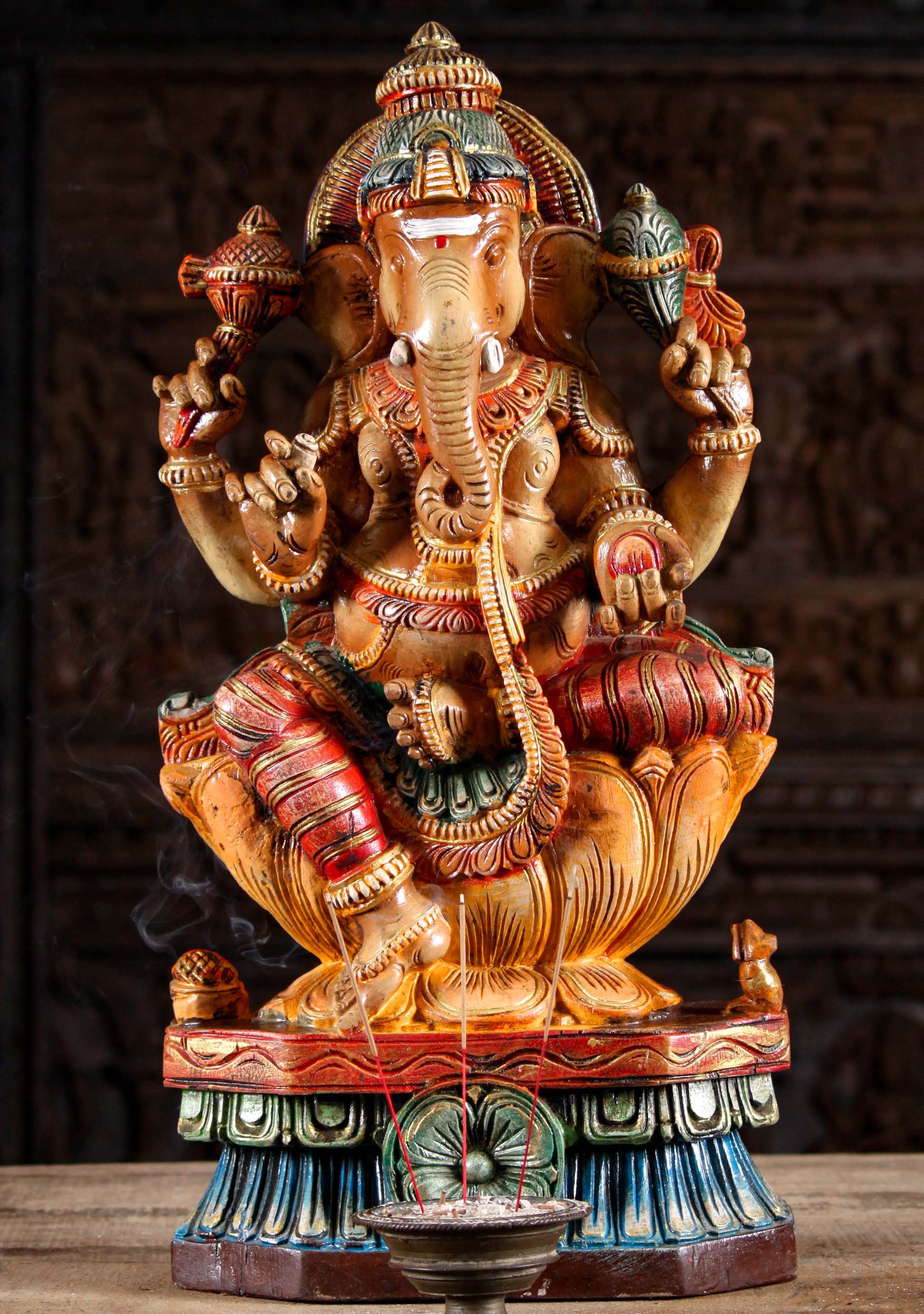 SOLD Wood Ganesh Statue Seated with Small Rat 24