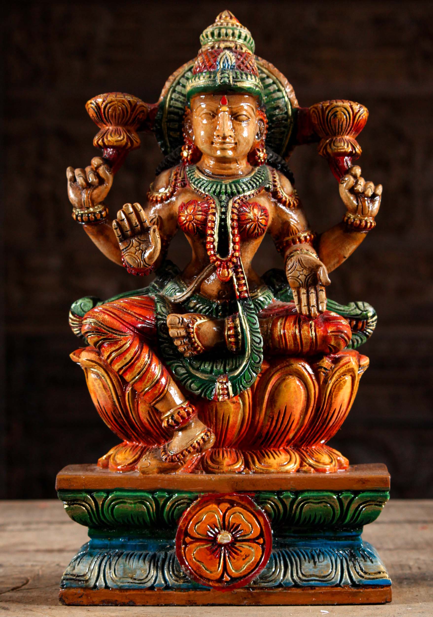 Wood Lotus Flower Lakshmi Sculpture 18"