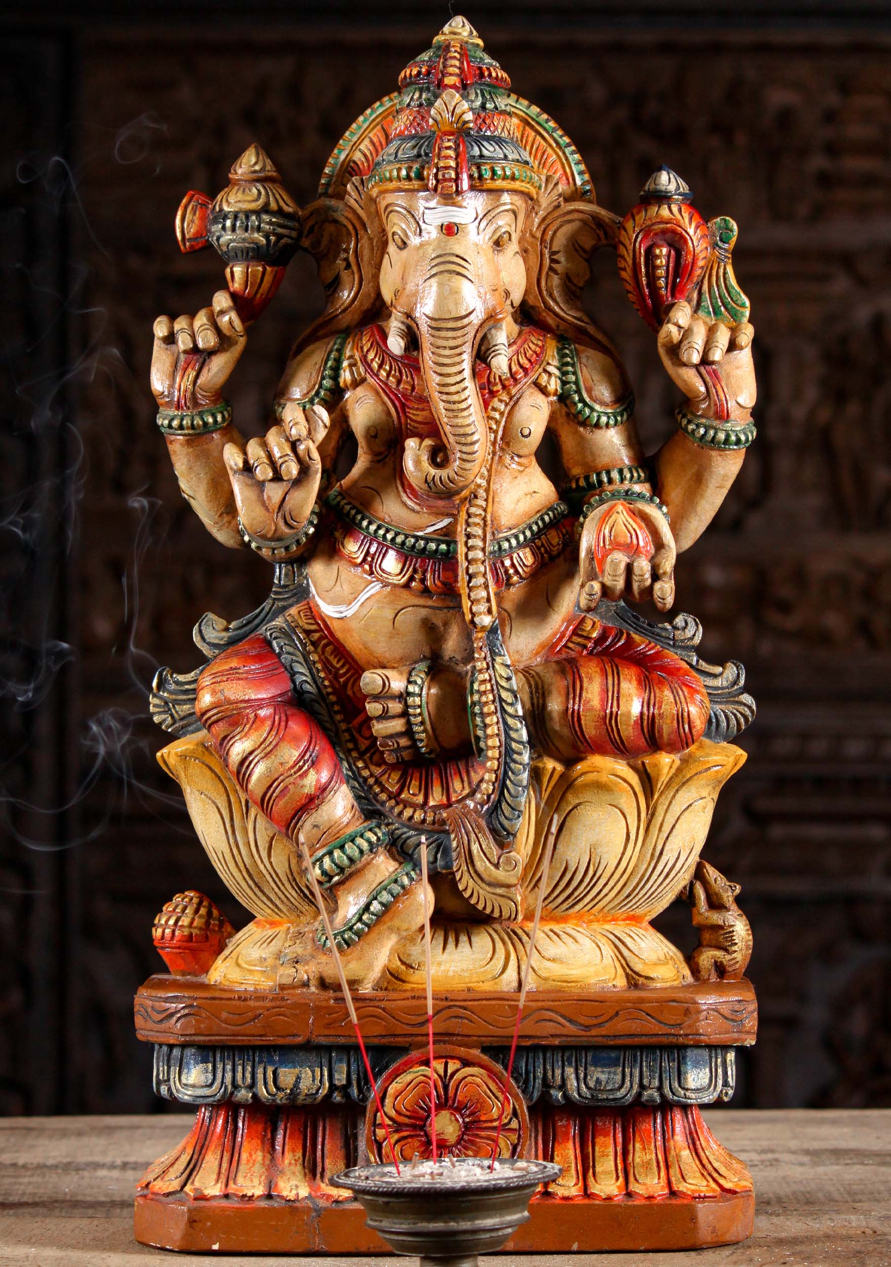 Painted Wooden Ganesh Sculpture 24"