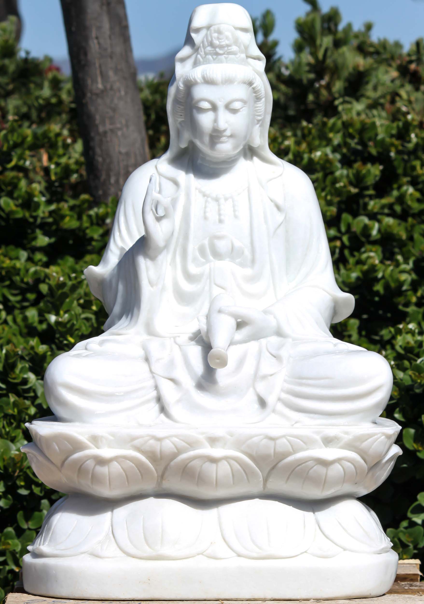 White Marble Seated Kwan Yin On Lotus Base 29"