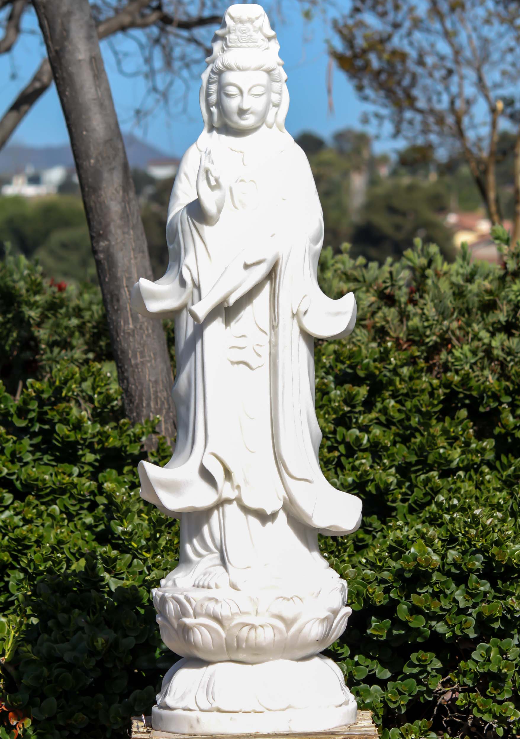 White Marble Garden Statue of the Bodhisattva of Compassion Kwan Yin Hand Carved in Vietnam 51"