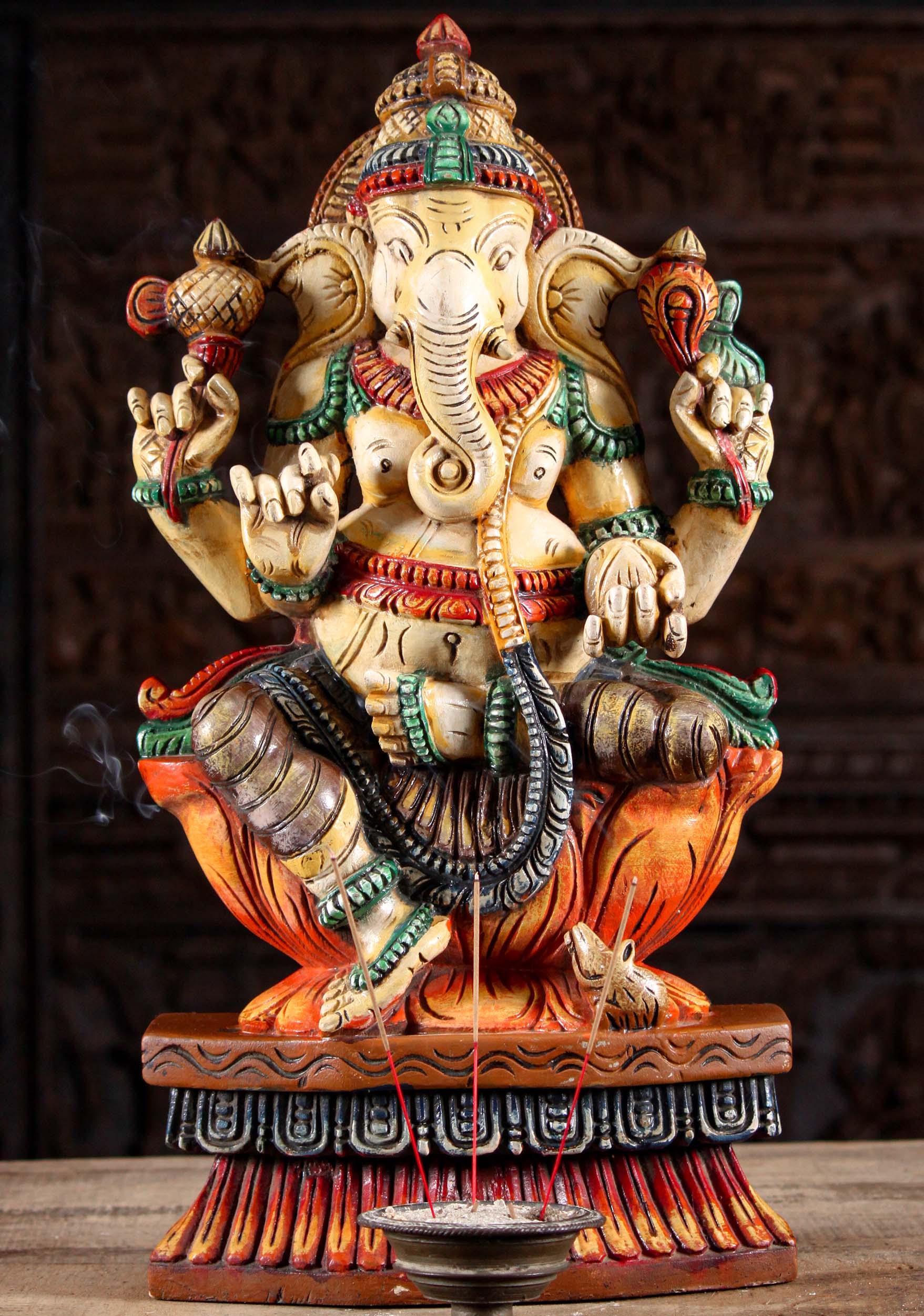 Wooded Ganapathi Sculpture Seated on Lotus 24"