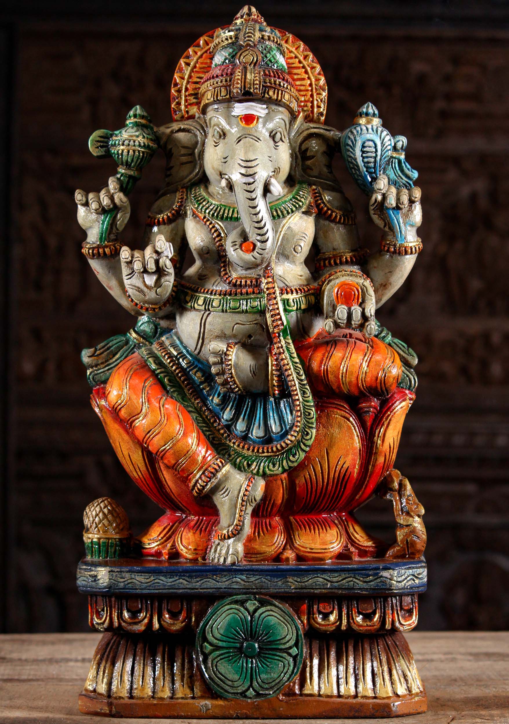 Painted Neem Wood Ganesha Sculpture 24"