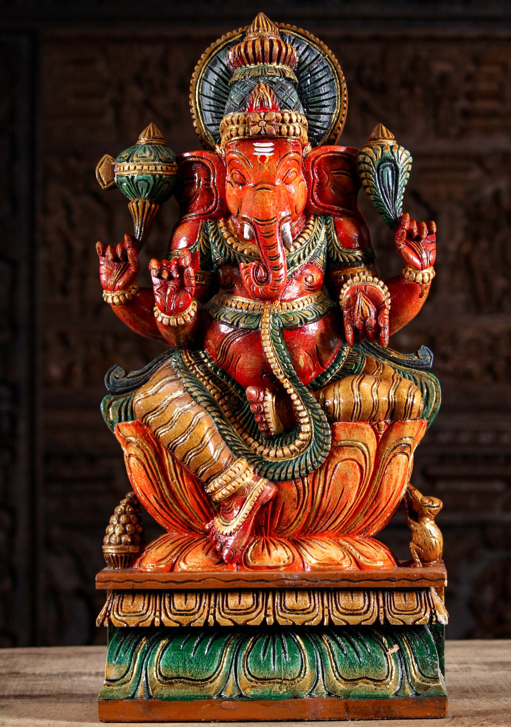 Red Painted Wooden Ganesha Statue 24"