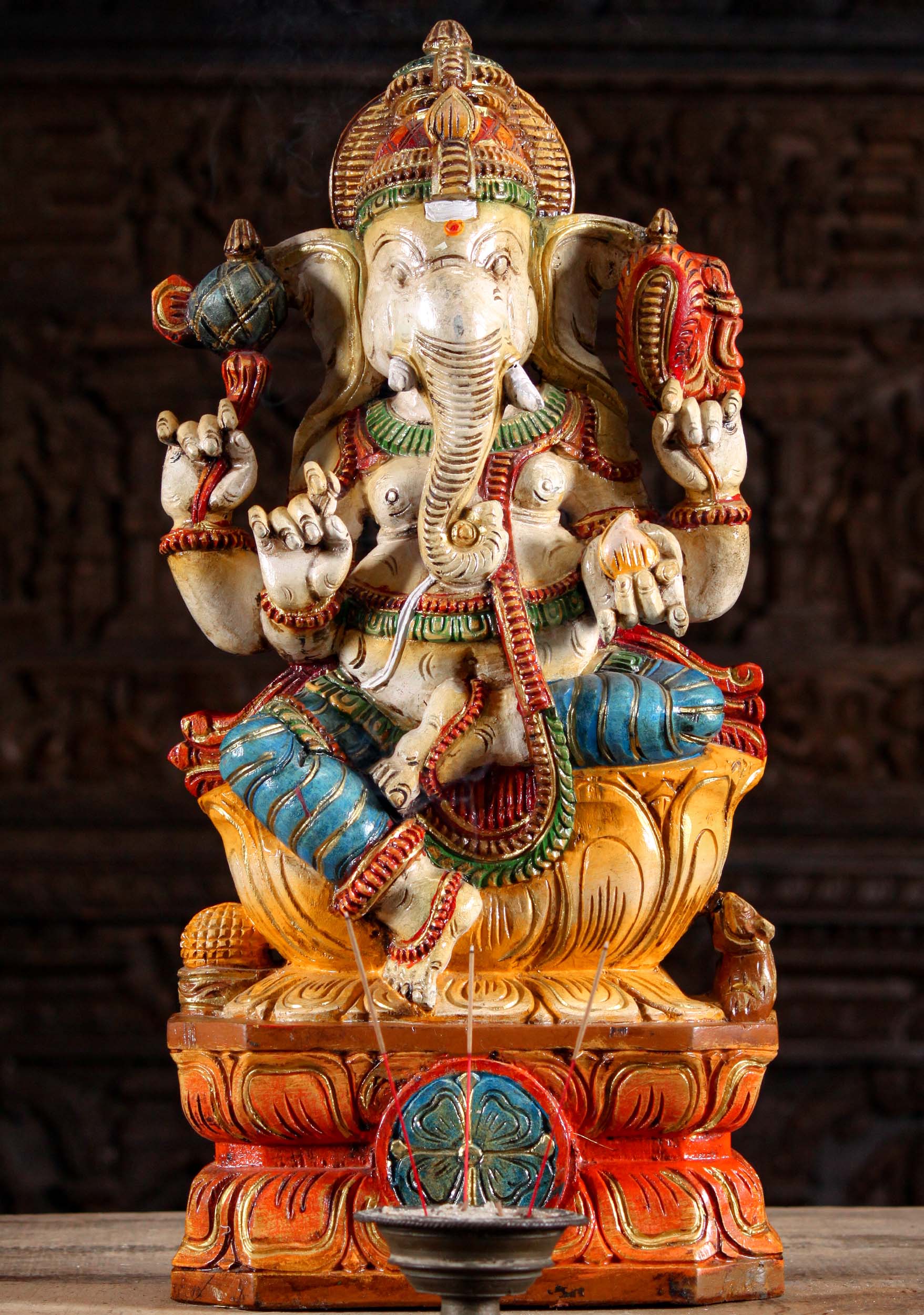 Painted Wood Ganesh Statue with Rat 24"