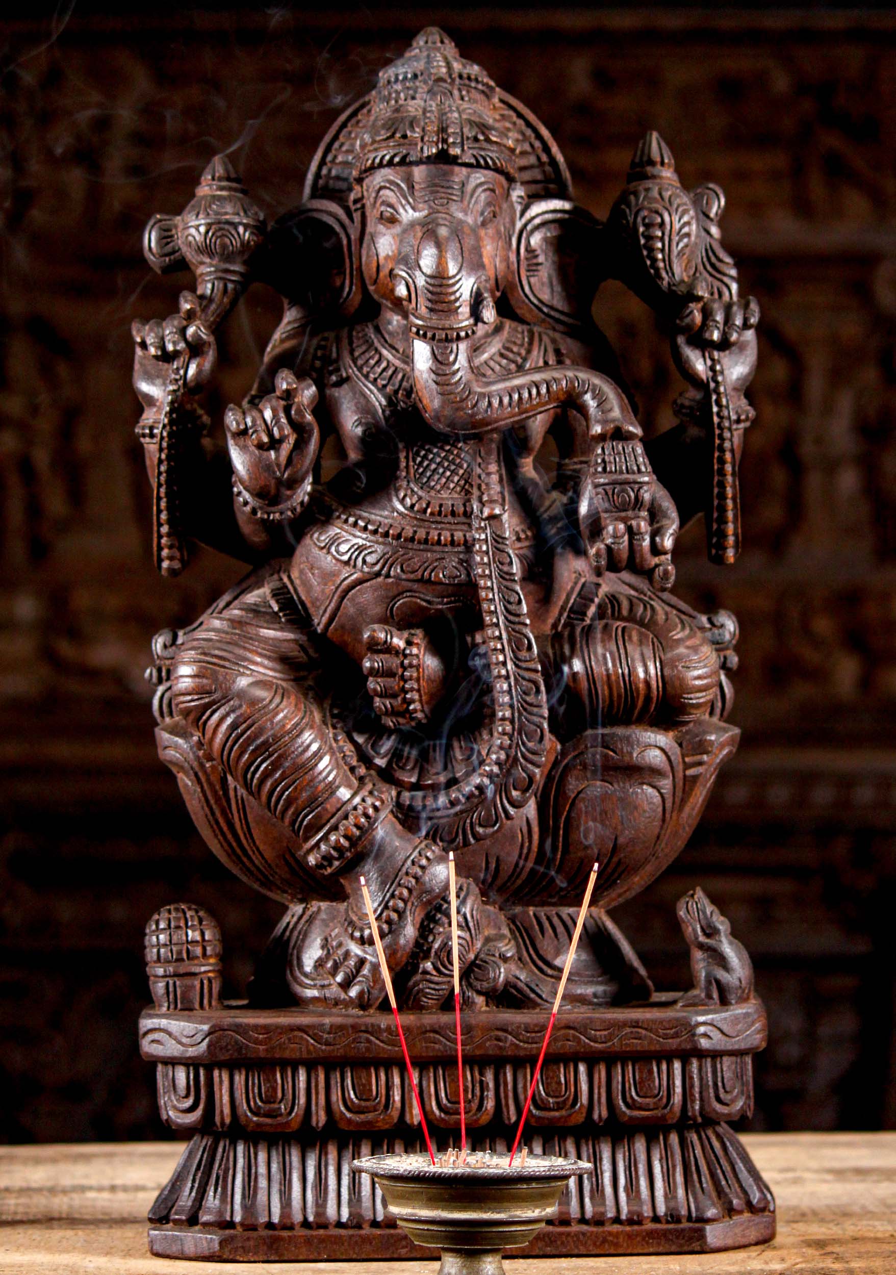 Wood Ganesh with Rat Statue 24"