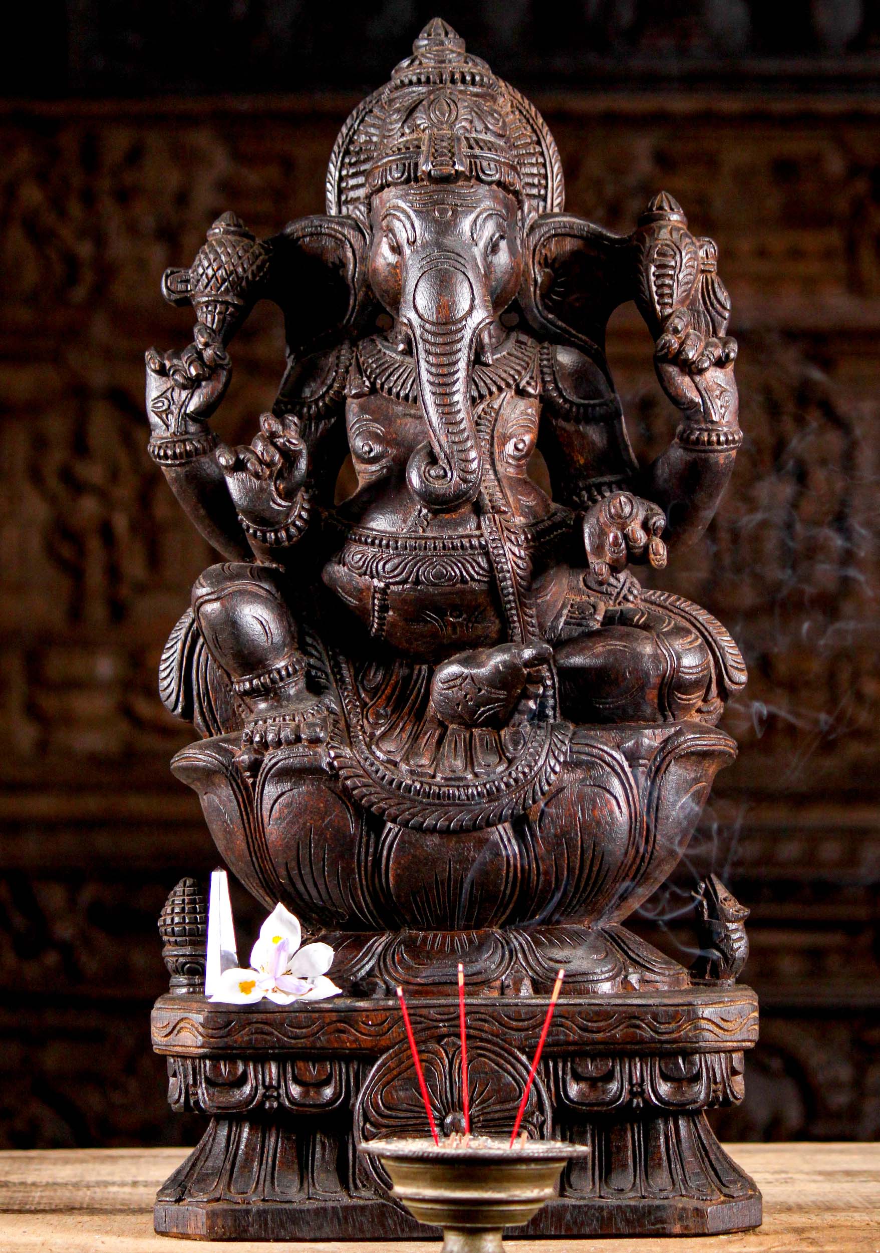 Wood Ganesha with Mooshika Statue 24"