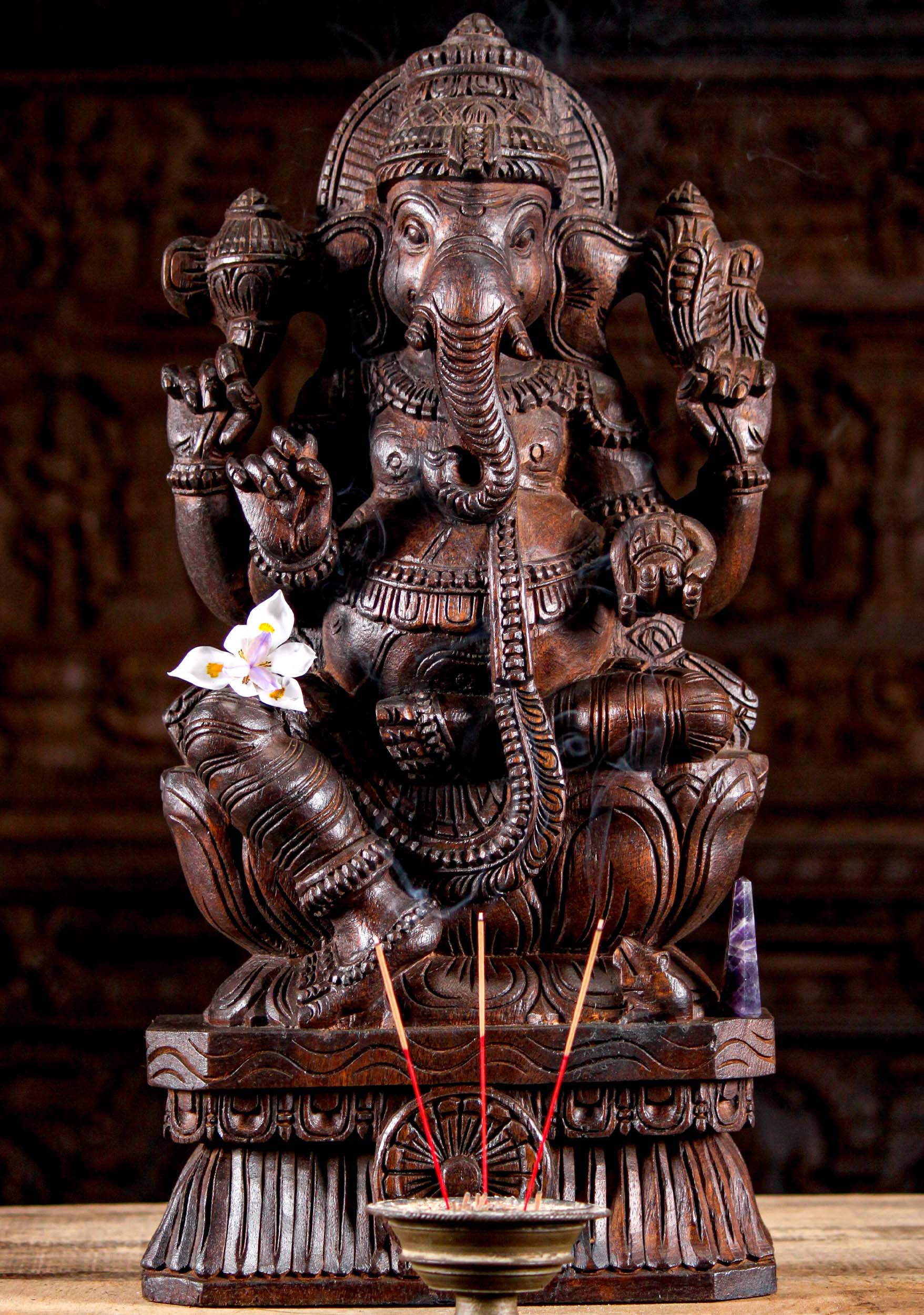 Wood Seated Ganesh Statue with Rat 24"