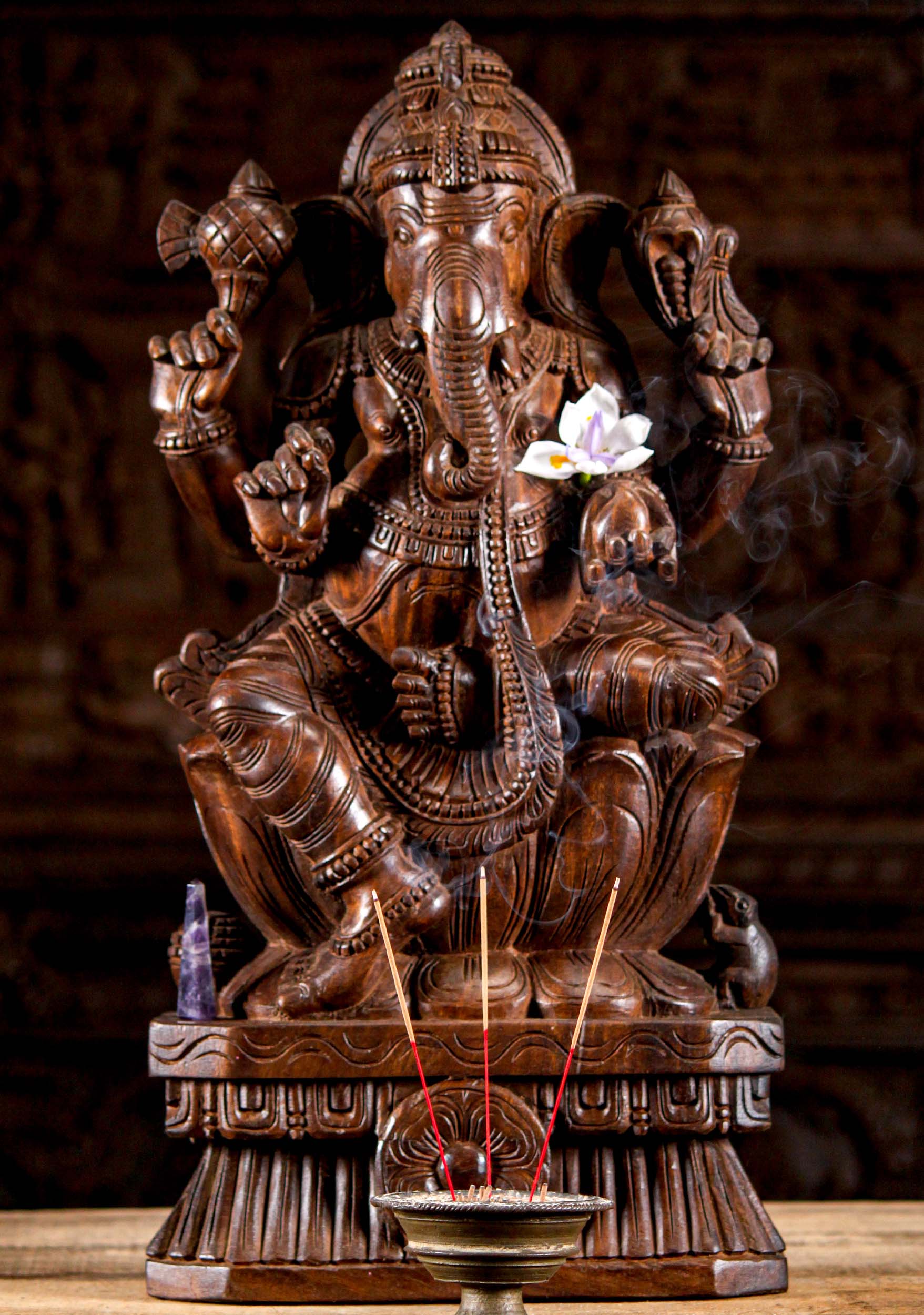 Seated Wood Ganesh with Rat Sculpture 24"