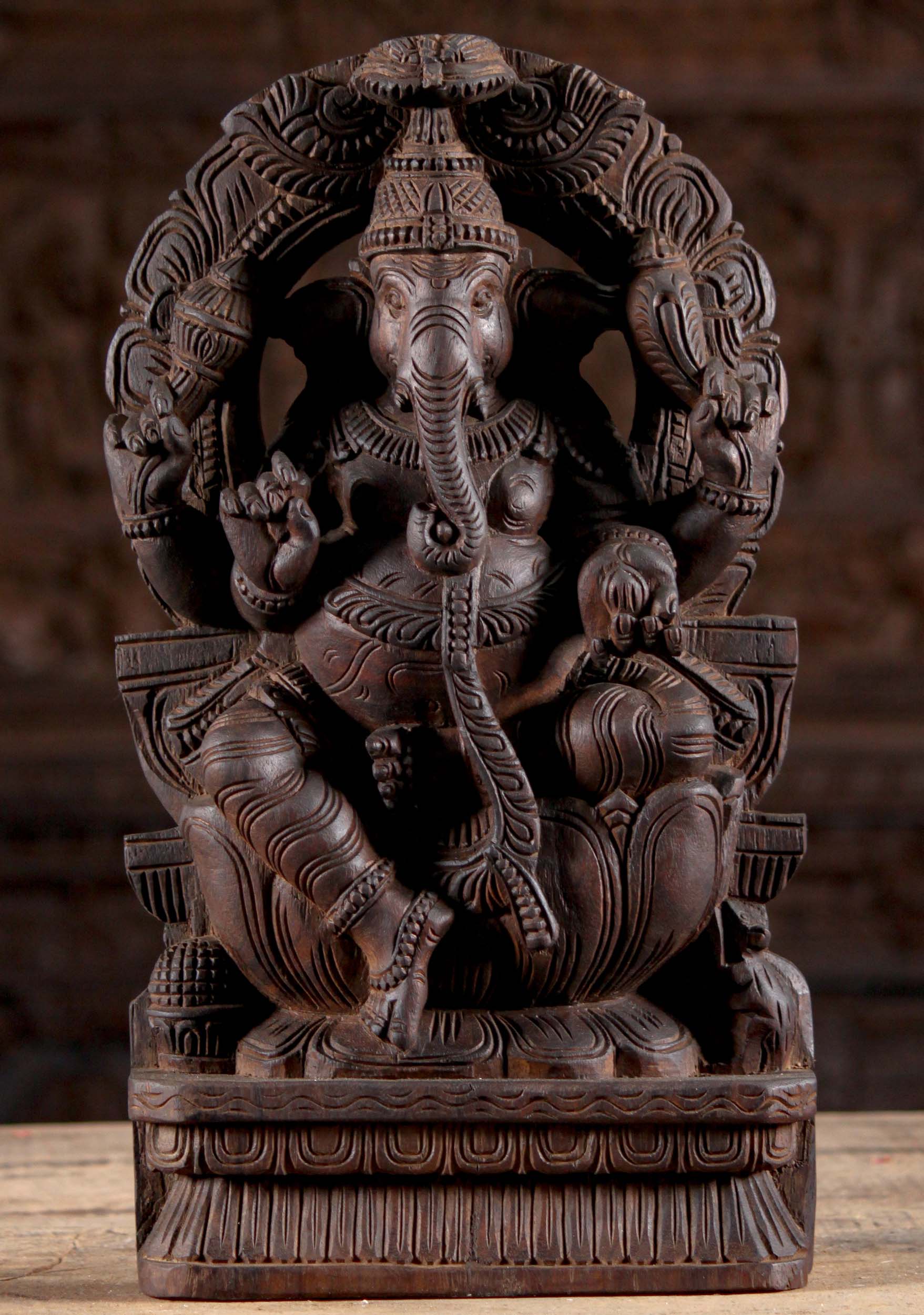 Wooden Ganesha Seated Under Arch 18"