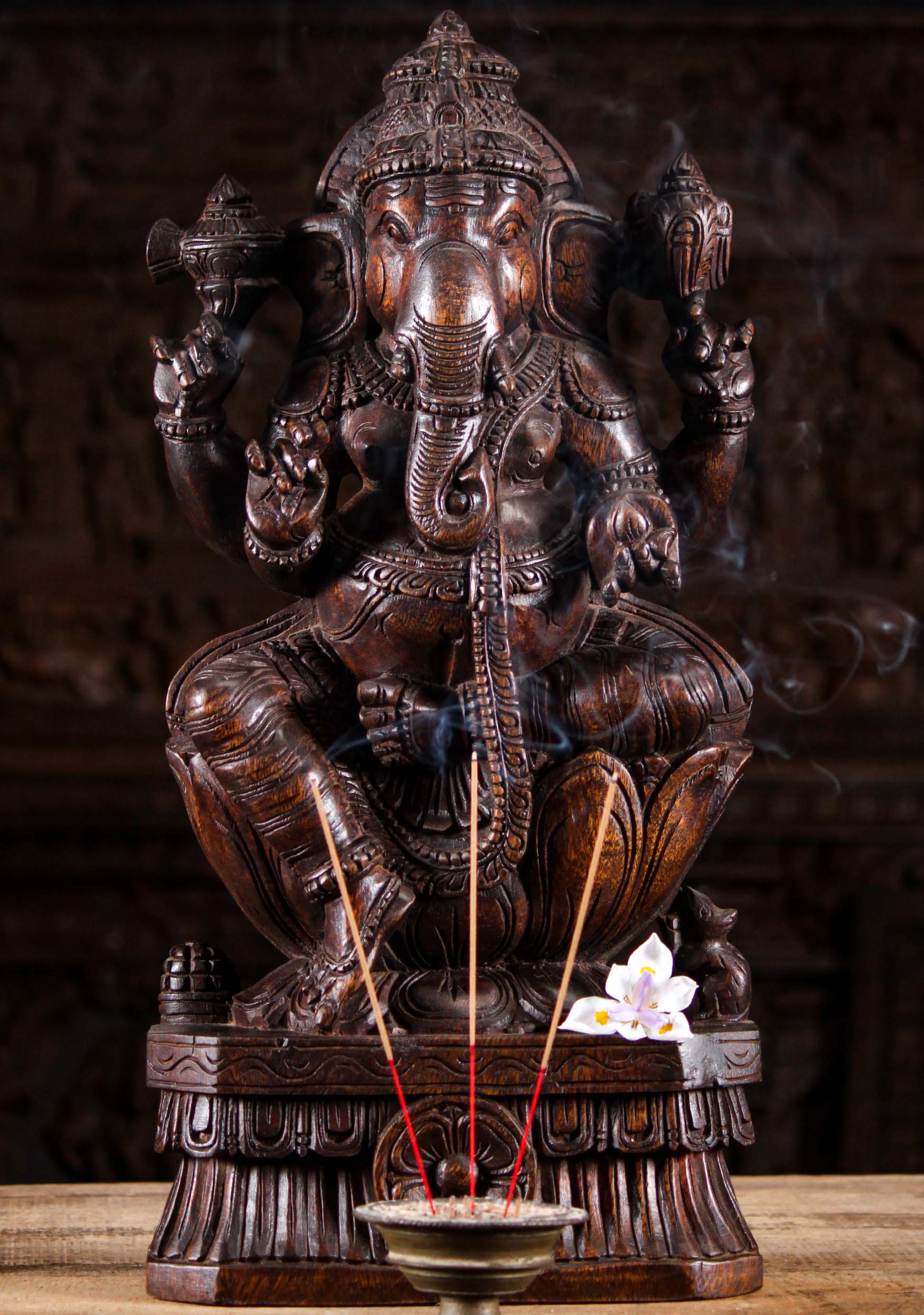 Wooden Hand Carved Hindu God Ganesha Sculpture Seated Holding Mango on Lotus Base 24"