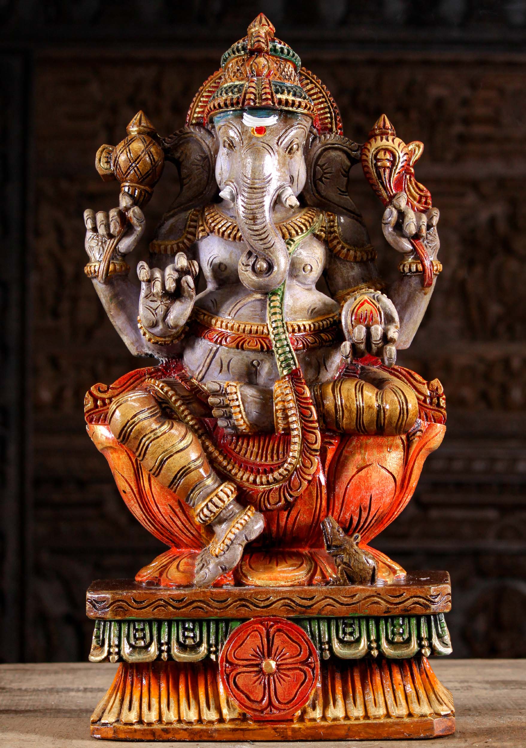 Wood Ganesh Statue Holding Mango 24"