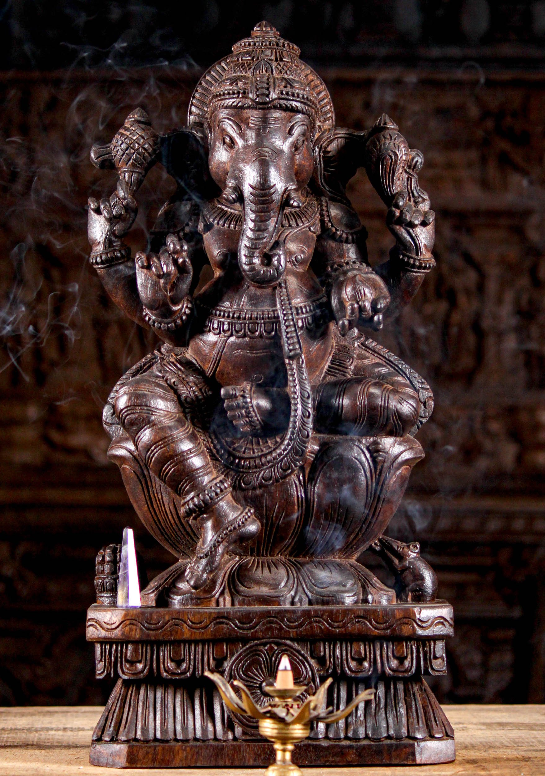 Wood Ganesh with Mooshika Carving  24"