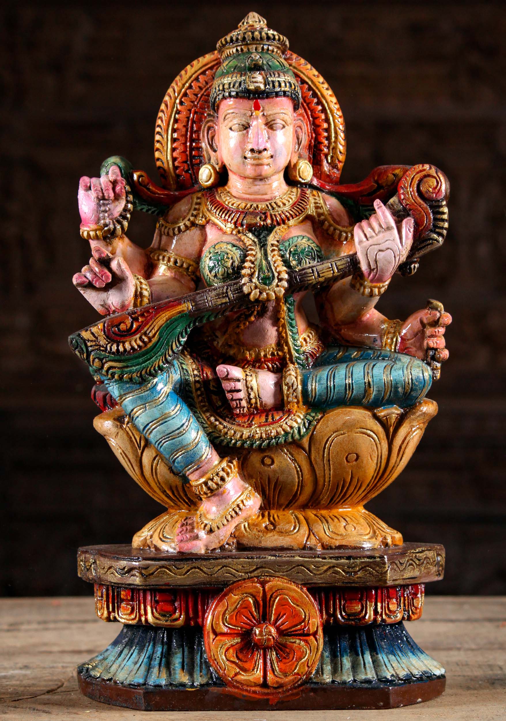 Wood Painted Saraswati Playing Veena Statue 18"