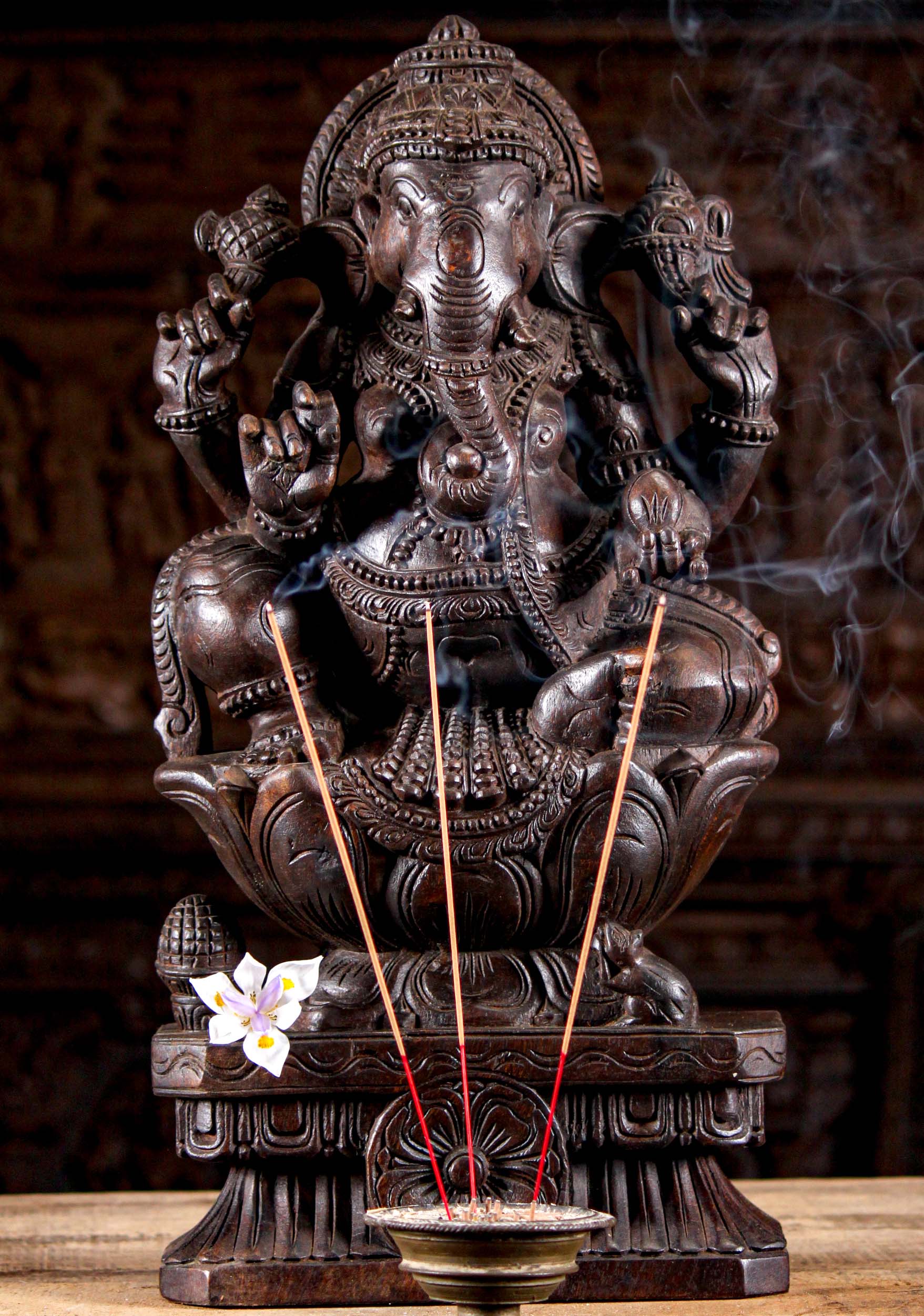 Wood Ganesha with Mango Sculpture 24"