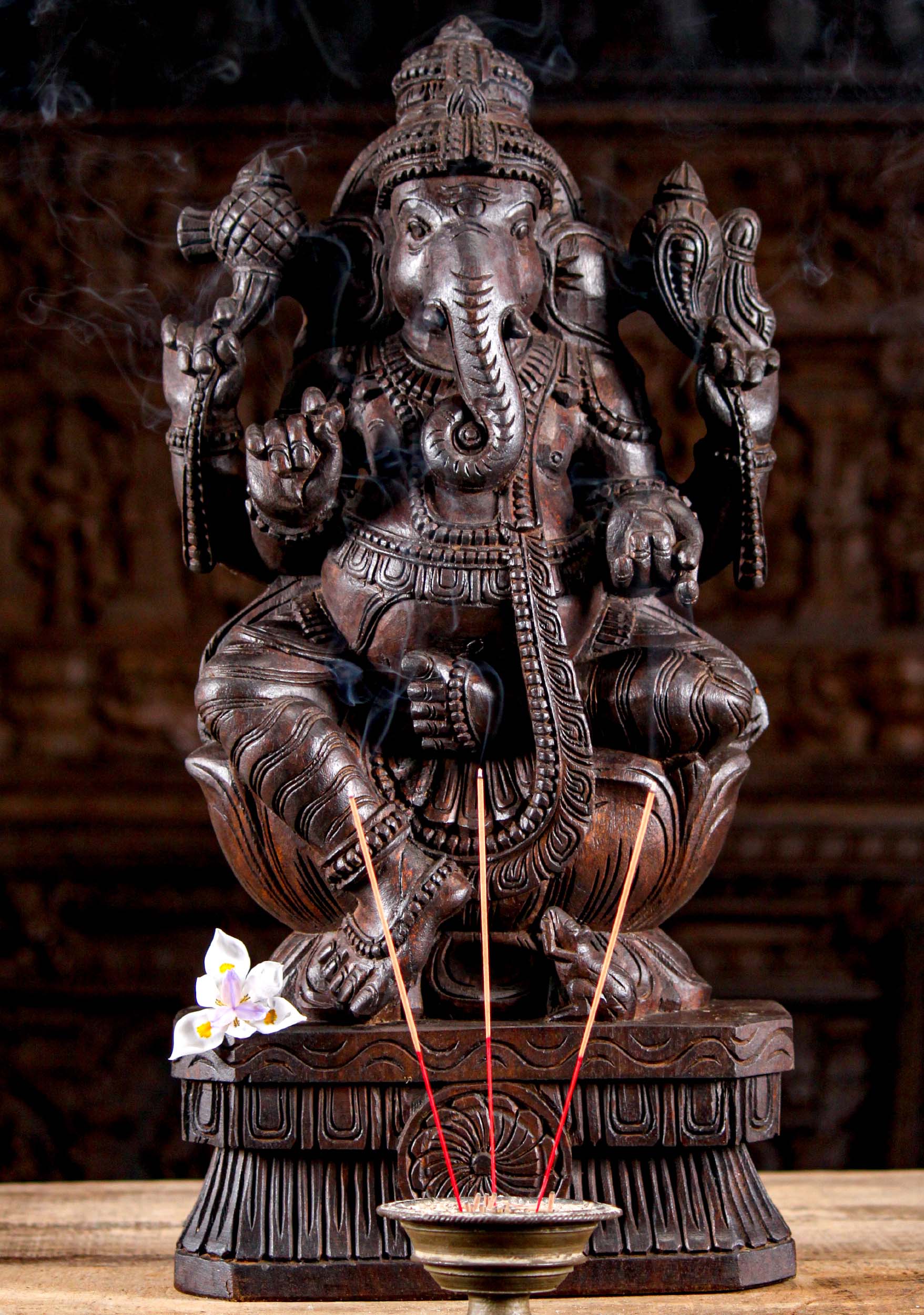 Wood Ganesh with Mango Statue 24"