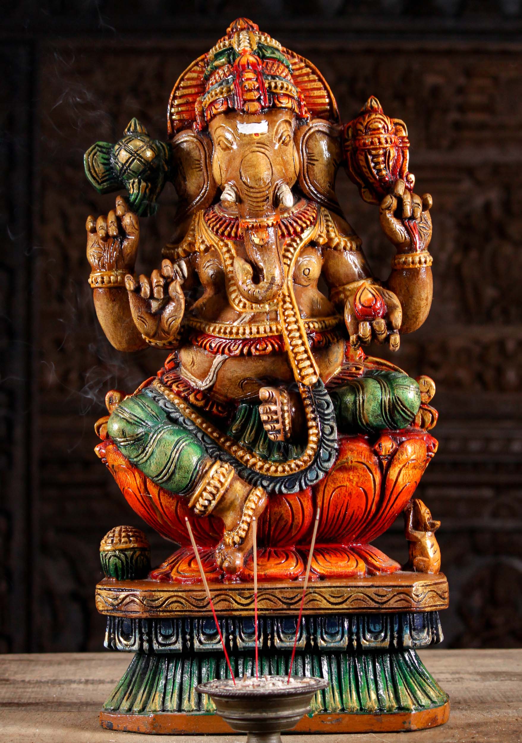 SOLD Wood Ganesh Statue Seated on Lotus Base 24