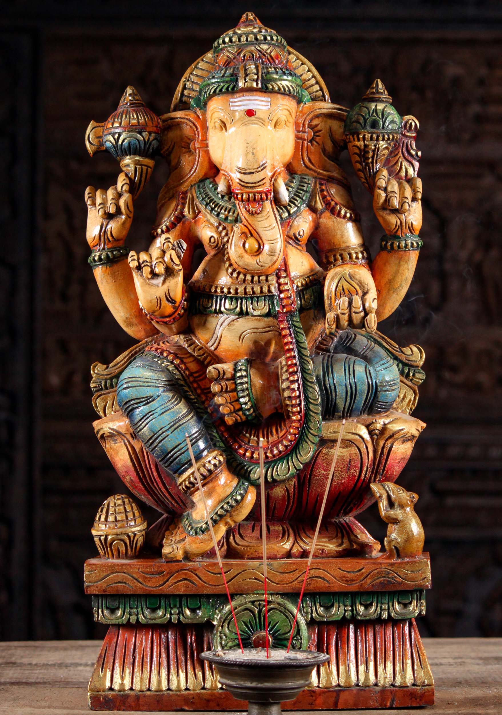 Painted Wood Seated Ganesh Sculpture 24"