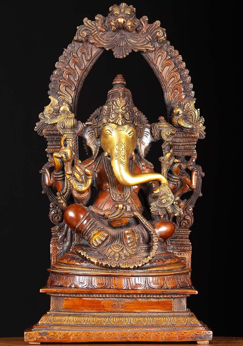 Brass Ganesh Statue with Mahakala Arch 17"