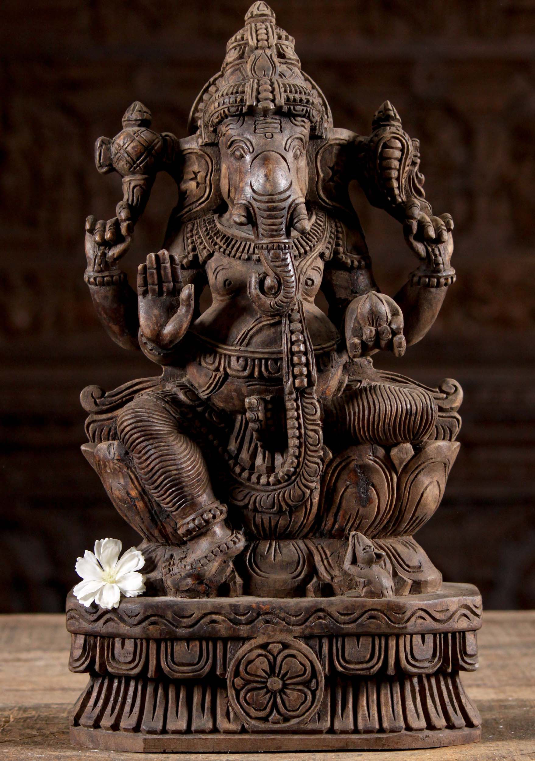 Wood Abhaya Mudra Ganesha Statue 18"