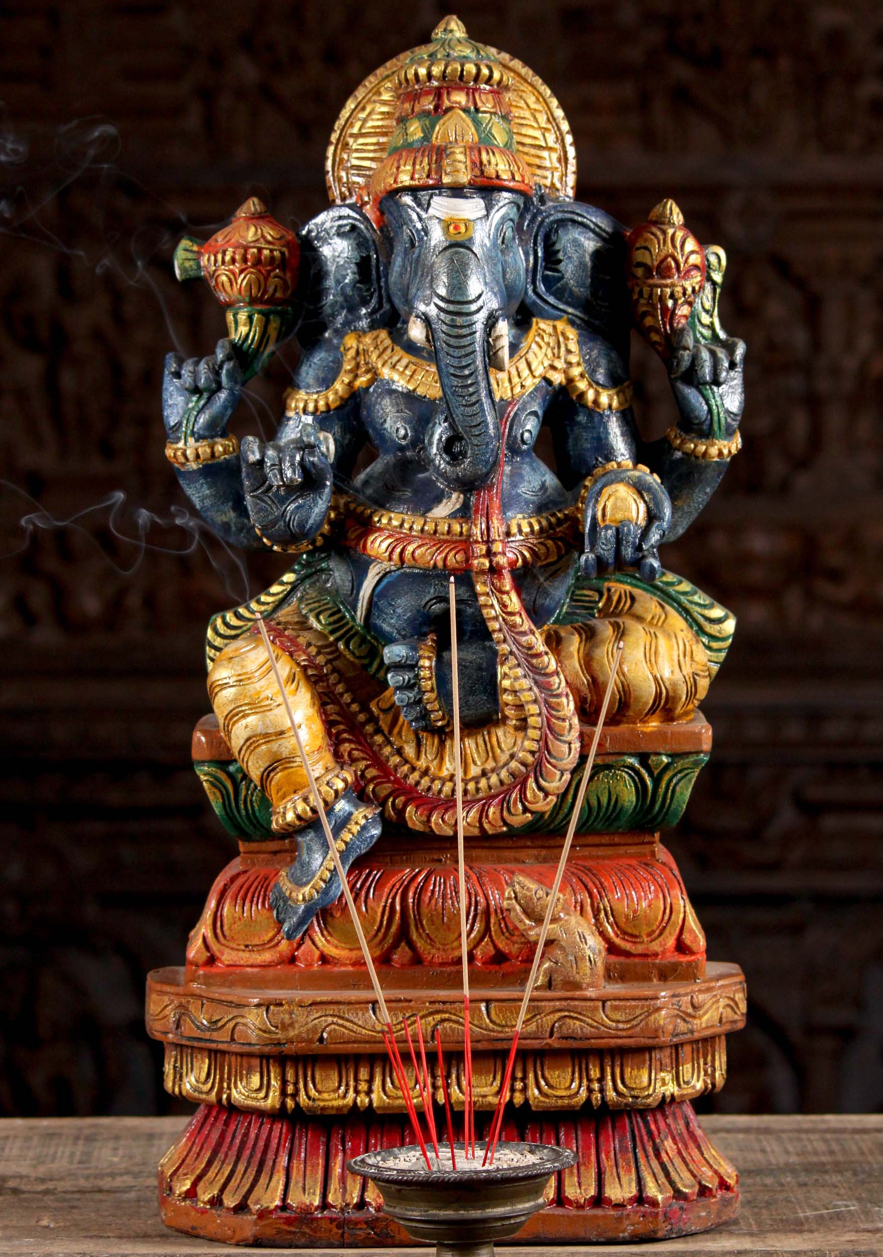 Wood Ganapathi Statue Holding Broken Tusk 24"