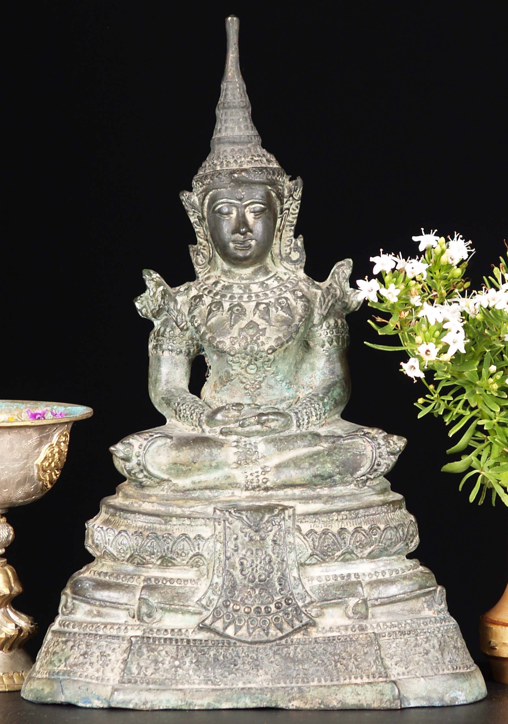 Thai Brass Meditating Ratanakosin Buddha Statue Seated on Tall Throne 11"