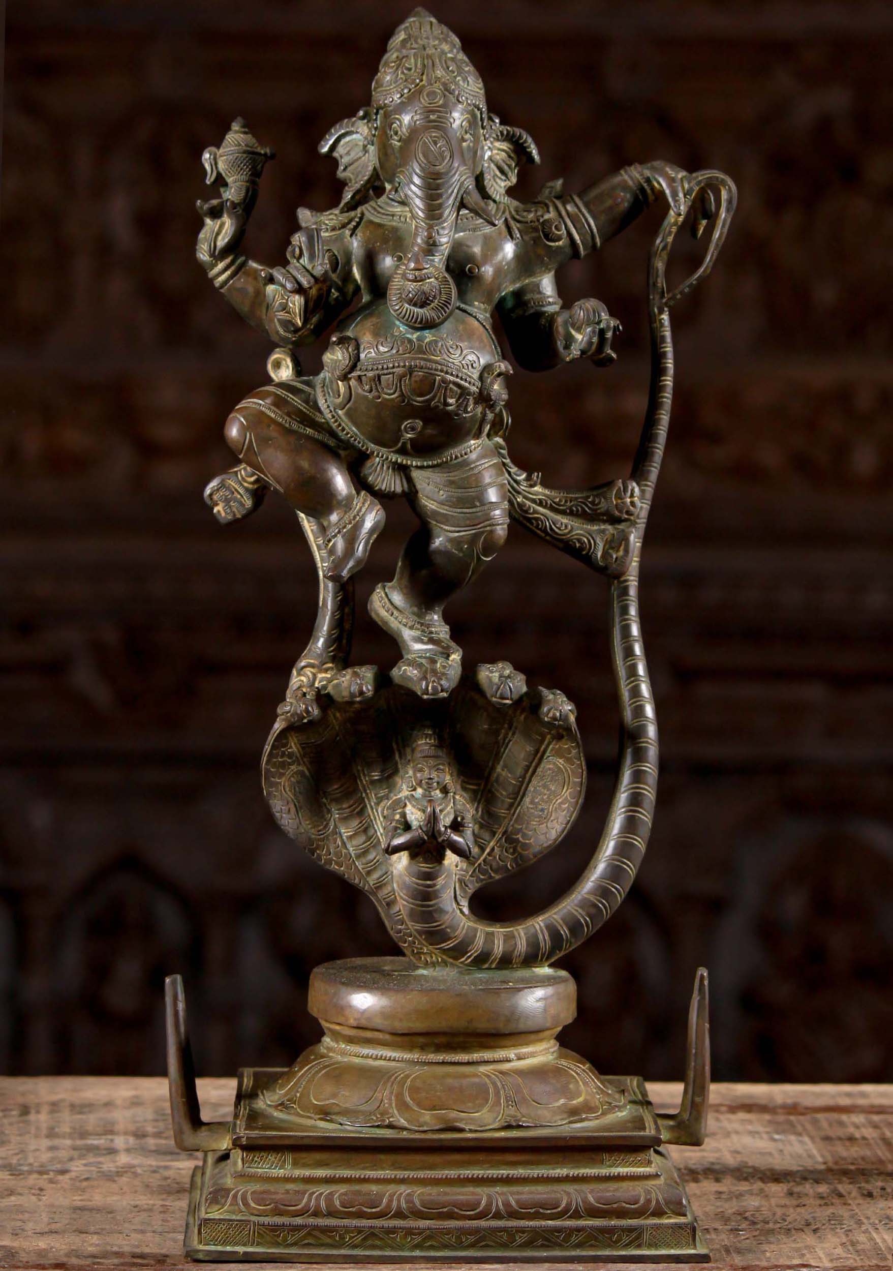 Bronze Kaliya Ganesh Dancing on Serpent 19"