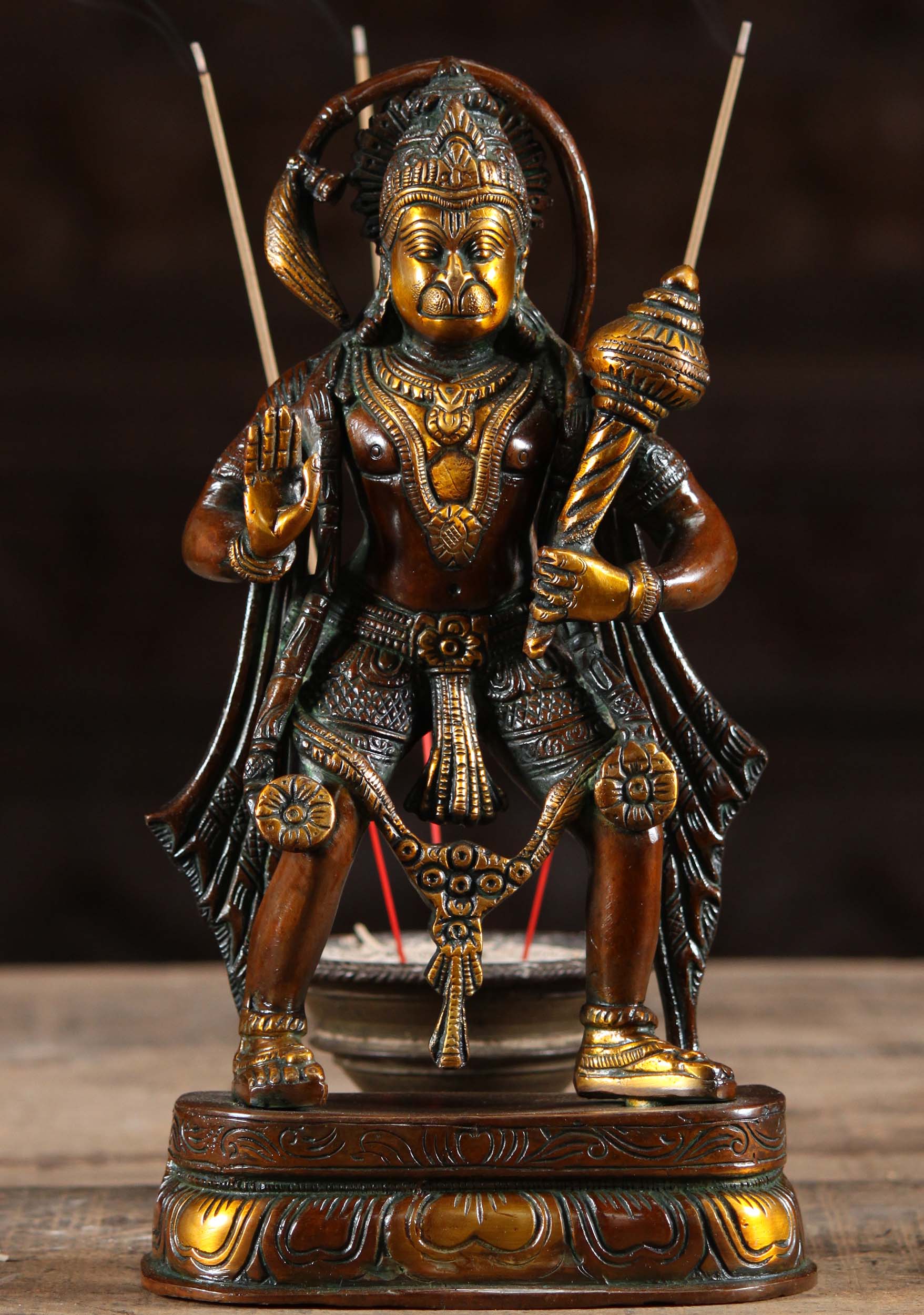 Hanuman Brass Standing Statue in Abhaya Mudra Holding Club Perfect for Home Altar 11"