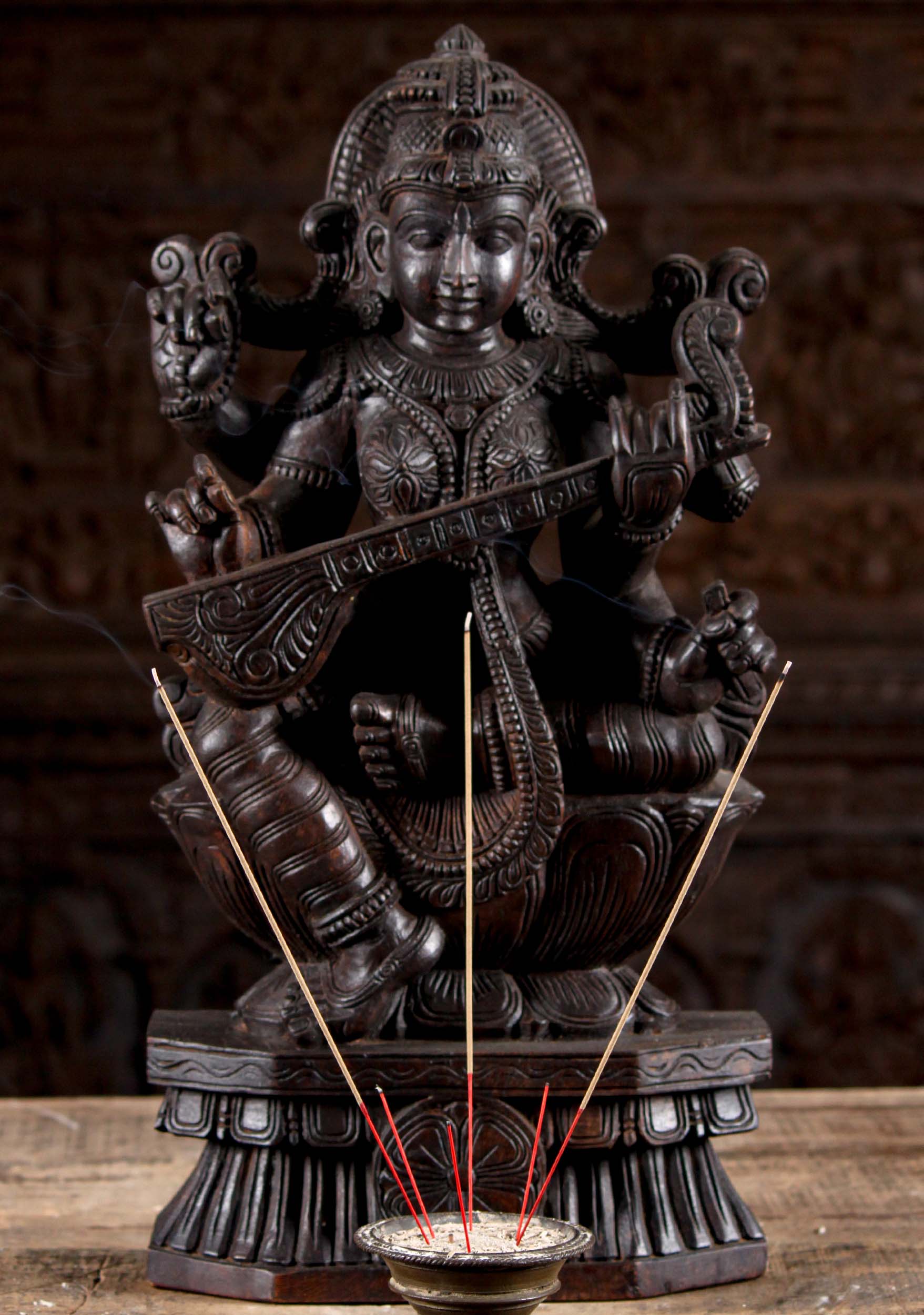 Dark Wood One-of-a-kind Saraswati Sculpture with Instrument Seated on Lotus Base 24"